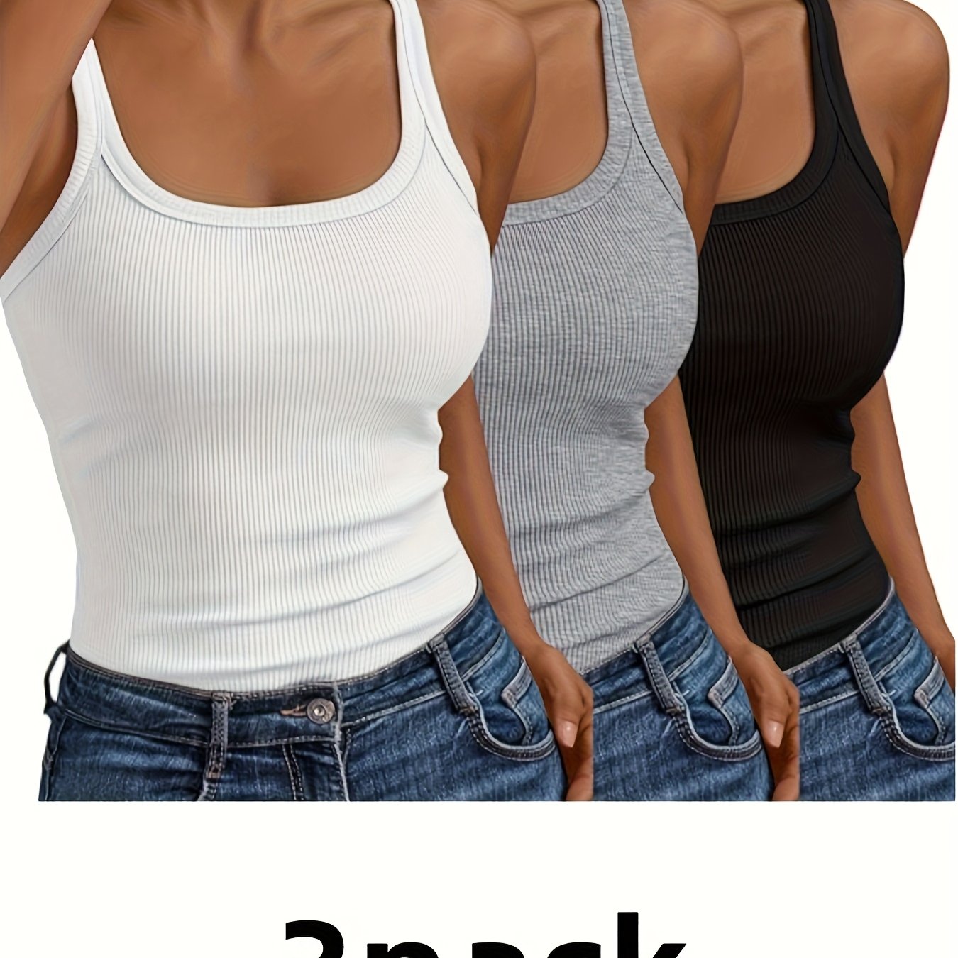 3pcs Women's Fashion, Comfortable, Casual, Sports, Ribbed Vest - Breathable, Slim, Unpadded Sports & Yoga Vest, Suspender Casual Base Shirt - Versatile Solid Color Sportswear