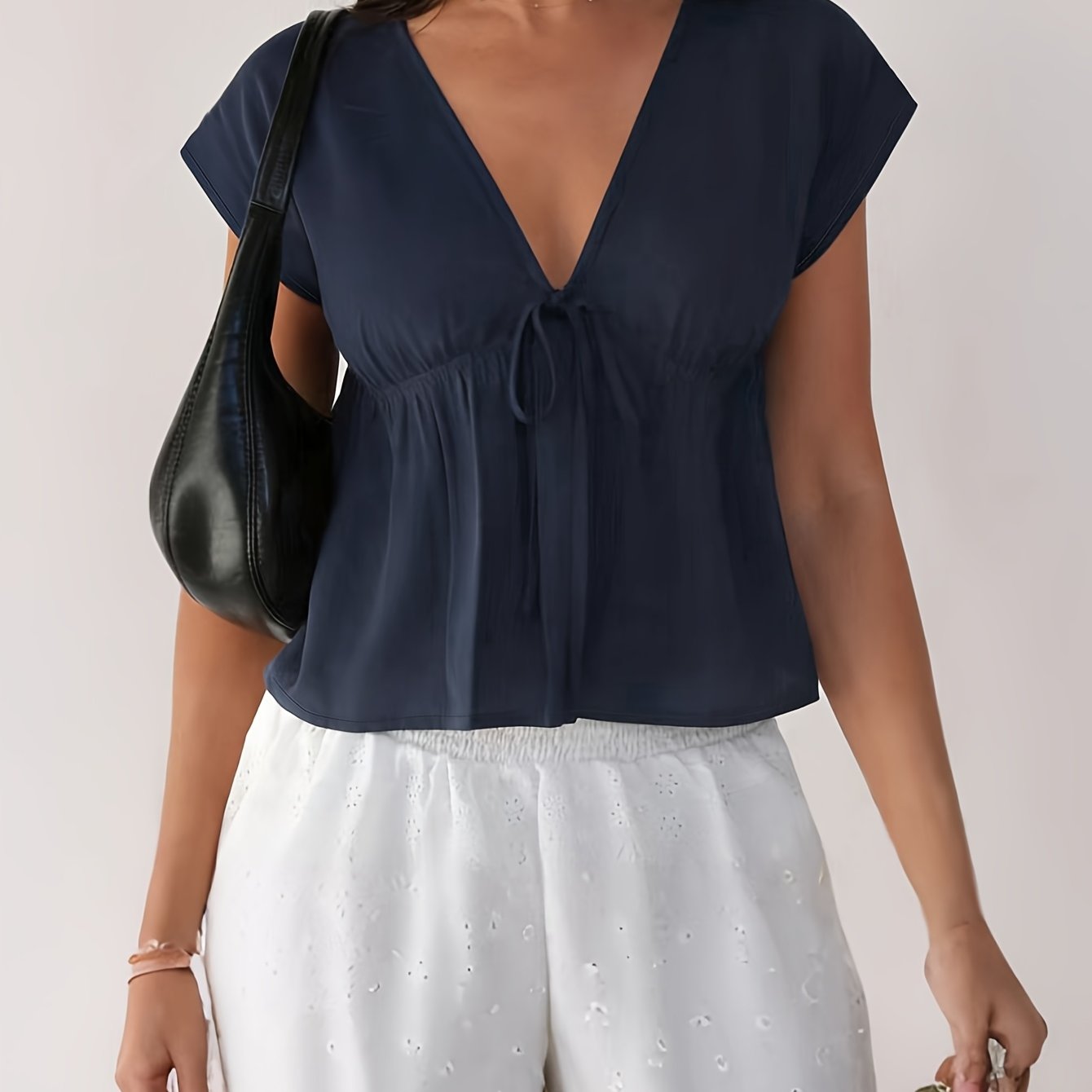 TEMU Casual And Elegant Solid-color Knotted V-neck Beach Vacation Top, Stylish And Simple V-neck Top For Women