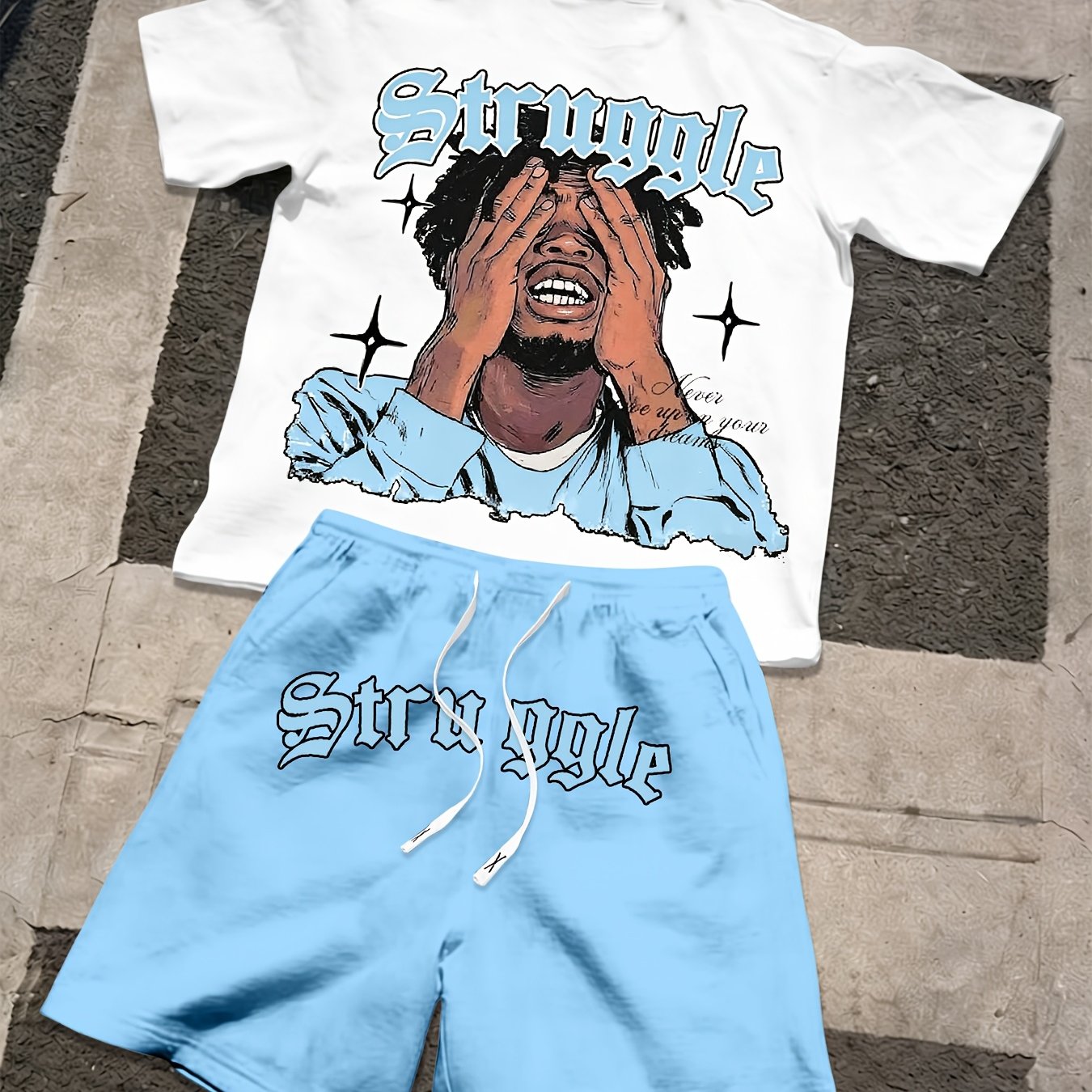 TEMU Men's Casual Short-sleeve T-shirt And Drawstring Shorts Set, Featuring Trendy Printed , Comfortable And Breathable Fabric, Suitable For Outdoor