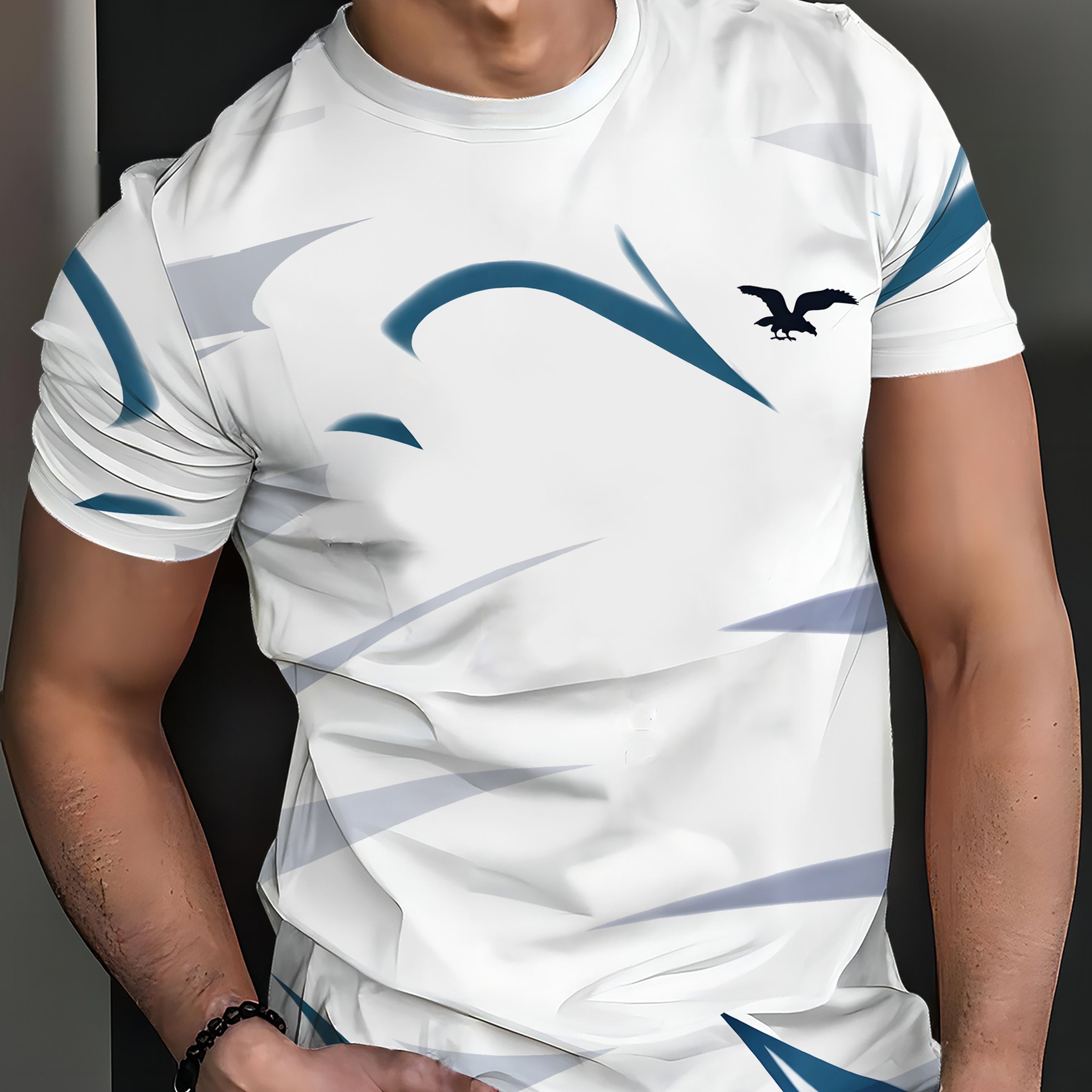TEMU T-shirt à manches courtes pour homme avec un design géométrique blanc, bleu et , des abstraites et un logo aigle noir sur la poitrine, parfait
