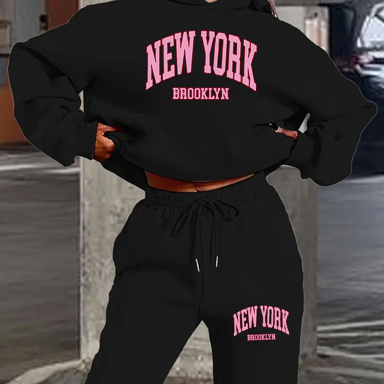TEMU Women'-piece Casual Loose Fashion Autumn/winter Set: Brooklyn City Theme Print Hooded Sweatshirt And Jogger Pants. Relaxed Lazy Style For