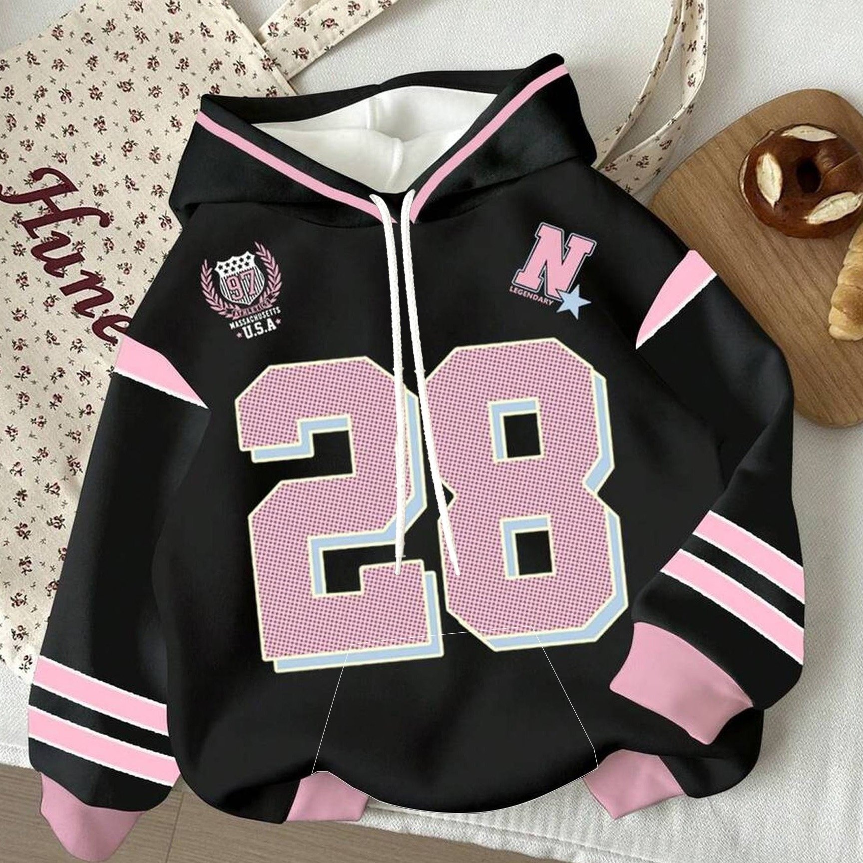TEMU Felpa con cappuccio a maniche lunghe da donna, design stampato (non texturizzato), stampa con badge digitale e scritta, coulisse con custodia,