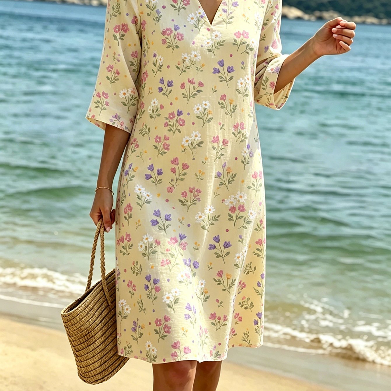 Women's Summer Floral Dress, V-neck 3/4 Sleeve Midi Dress, Loose Fit And Figure-flattering Dress, Breathable Lightweight Casual Dress, Perfect For , Daily Wear