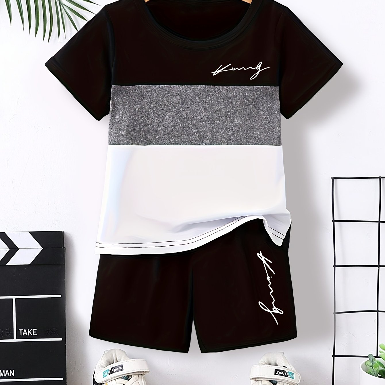 Image of 3s-tz4284 Summer Boys' -block Series Shorts Set King Letter Print Cute Short Sleeve T-shirt And Shorts Casual Outfit, For Outdoor