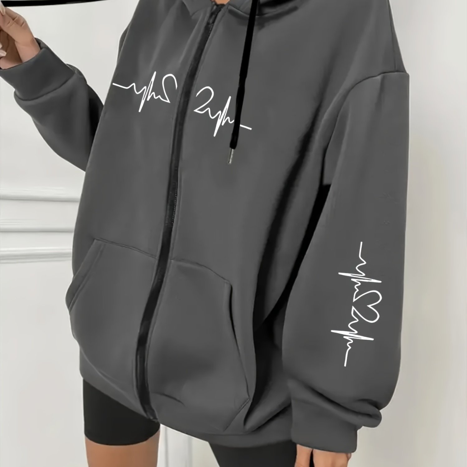 TEMU Plus Size - Plus Size - Women's Plus Size Casual Zip Hoodie With Heart Print, Chest And Sleeve Pattern, Comfortable Machine-washable Hooded