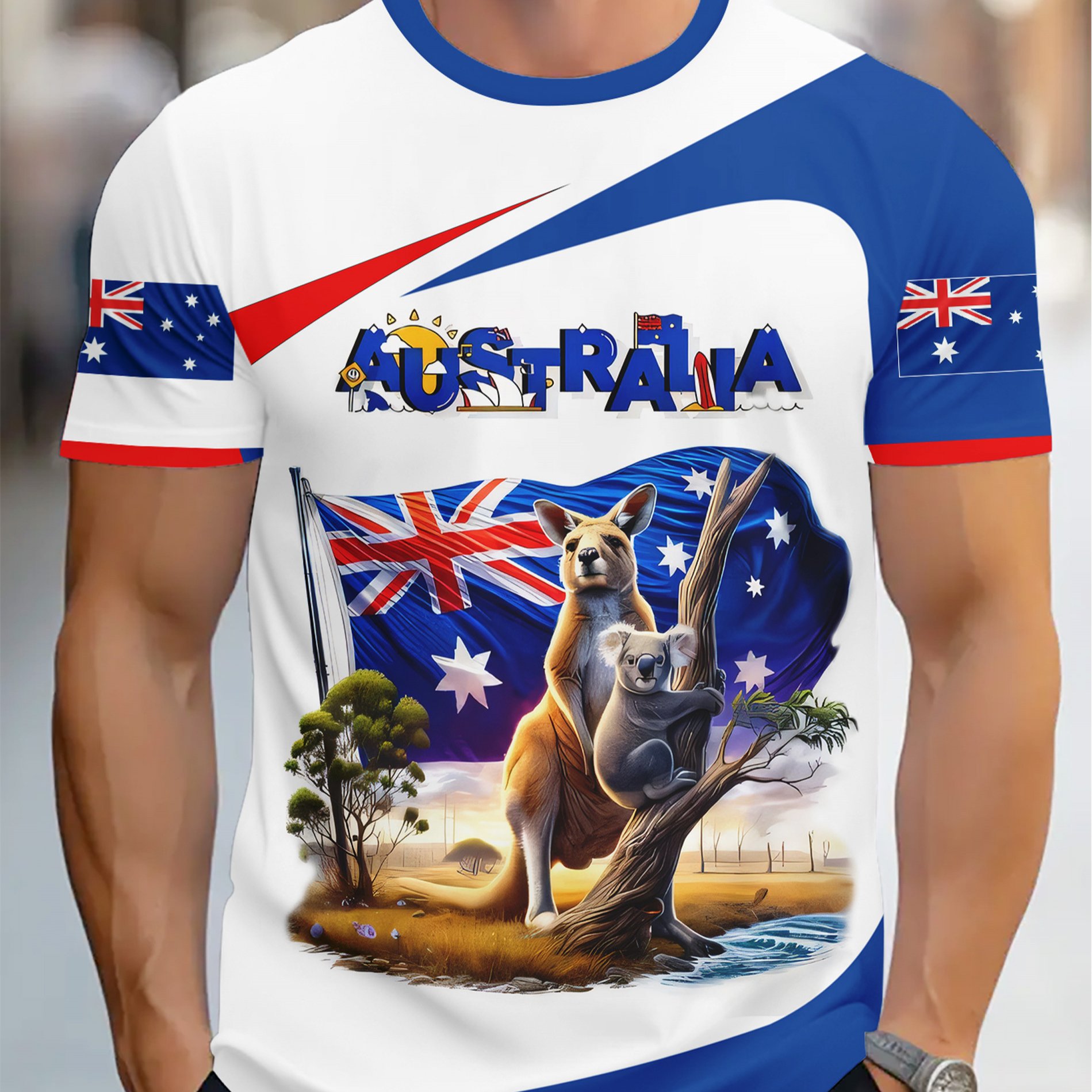 TEMU Men's Australia-themed 3d Print Graphic T-shirt - Vibrant Kangaroo & With Australian Flag & Map, Soft Polyester Round Neck Tee For Summer