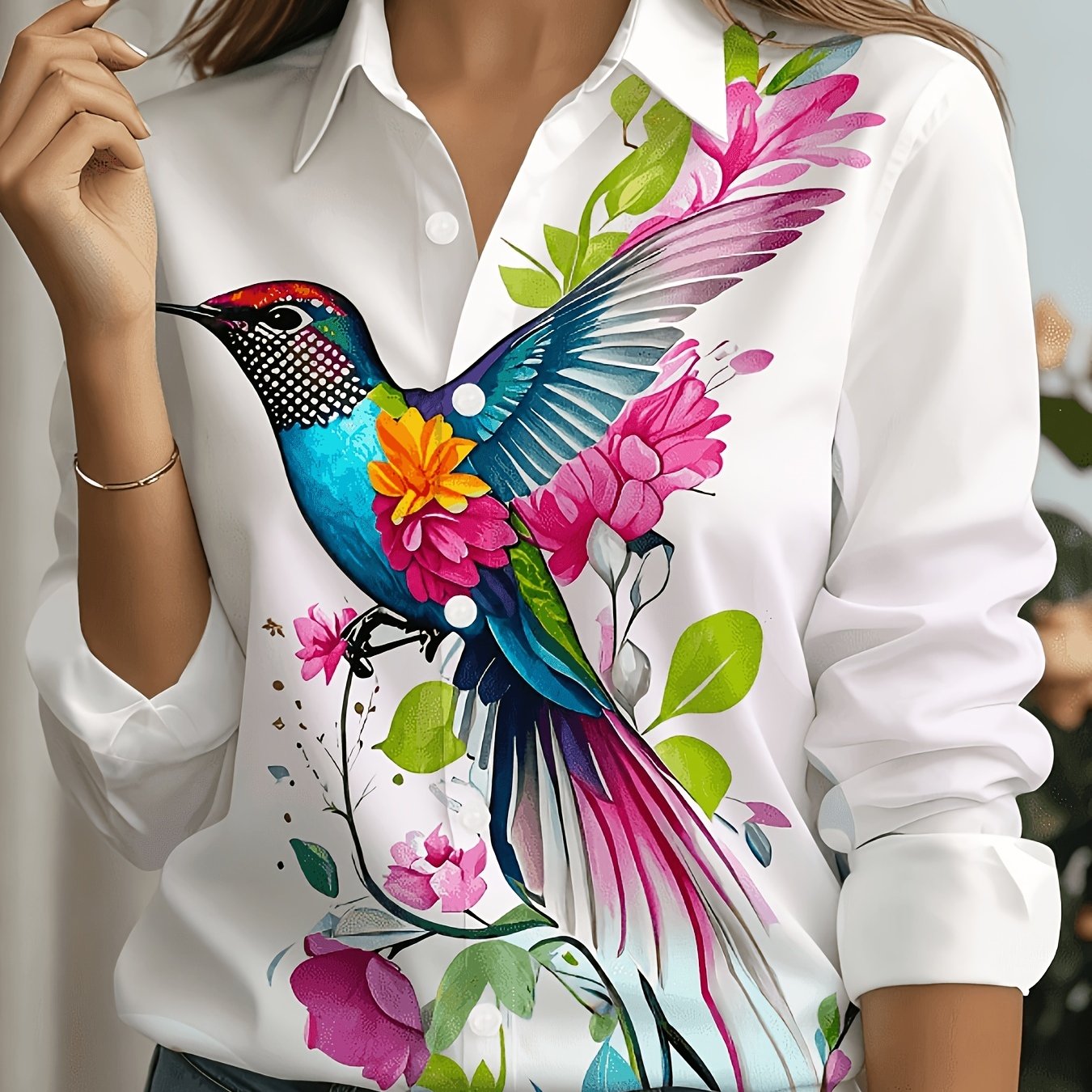 TEMU [printed Design – Not Textured] Women's Beautiful Blouse Long Sleeve Fashion Trendy Lapel Shirt, Artistic Watercolor Colorful Hummingbird