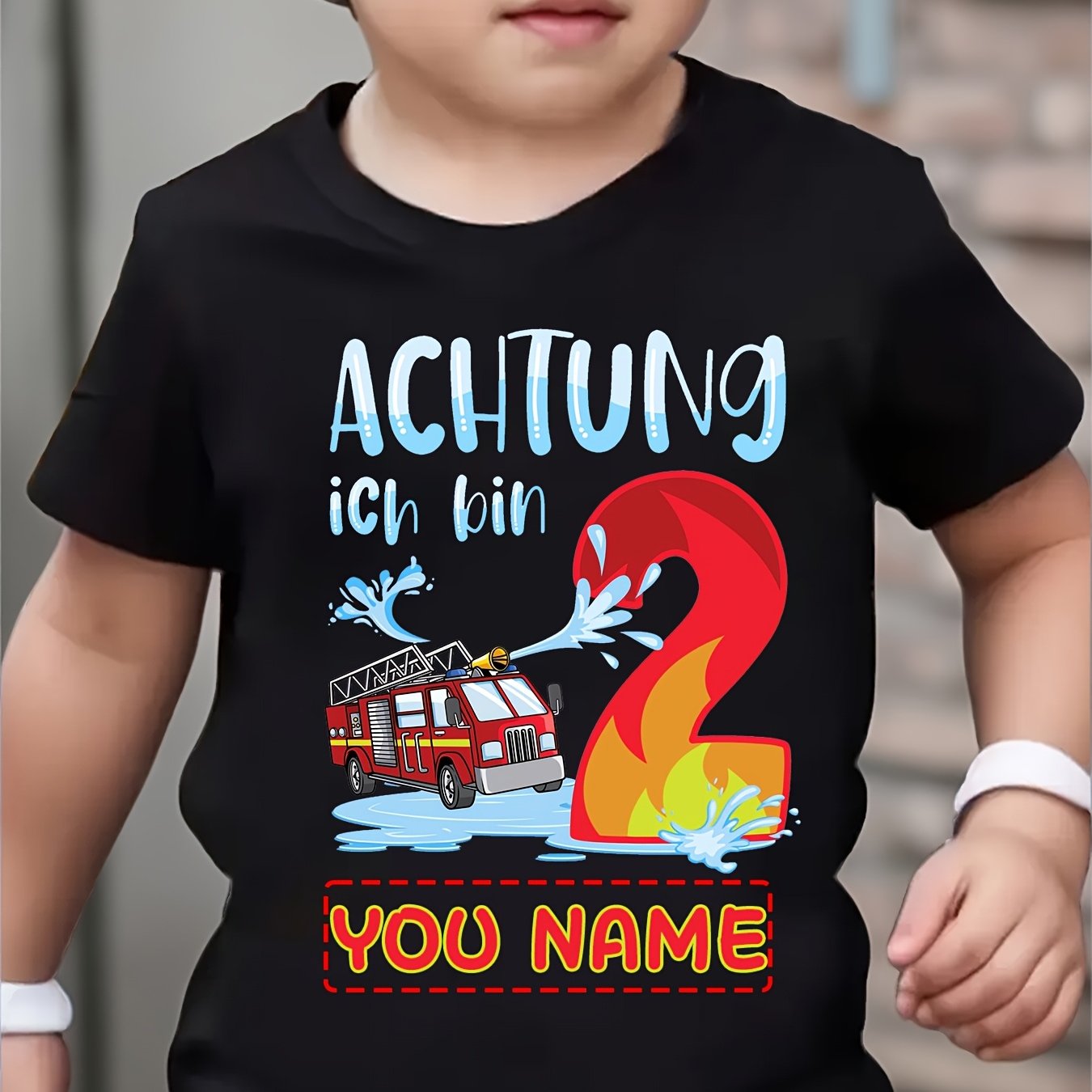 Image of {customize} "achtung Ich Bin 2"customizable Truck 2nd Birthday Flame Letter Pattern Printed Boy T-shirt Perfect For Children's Party Gift