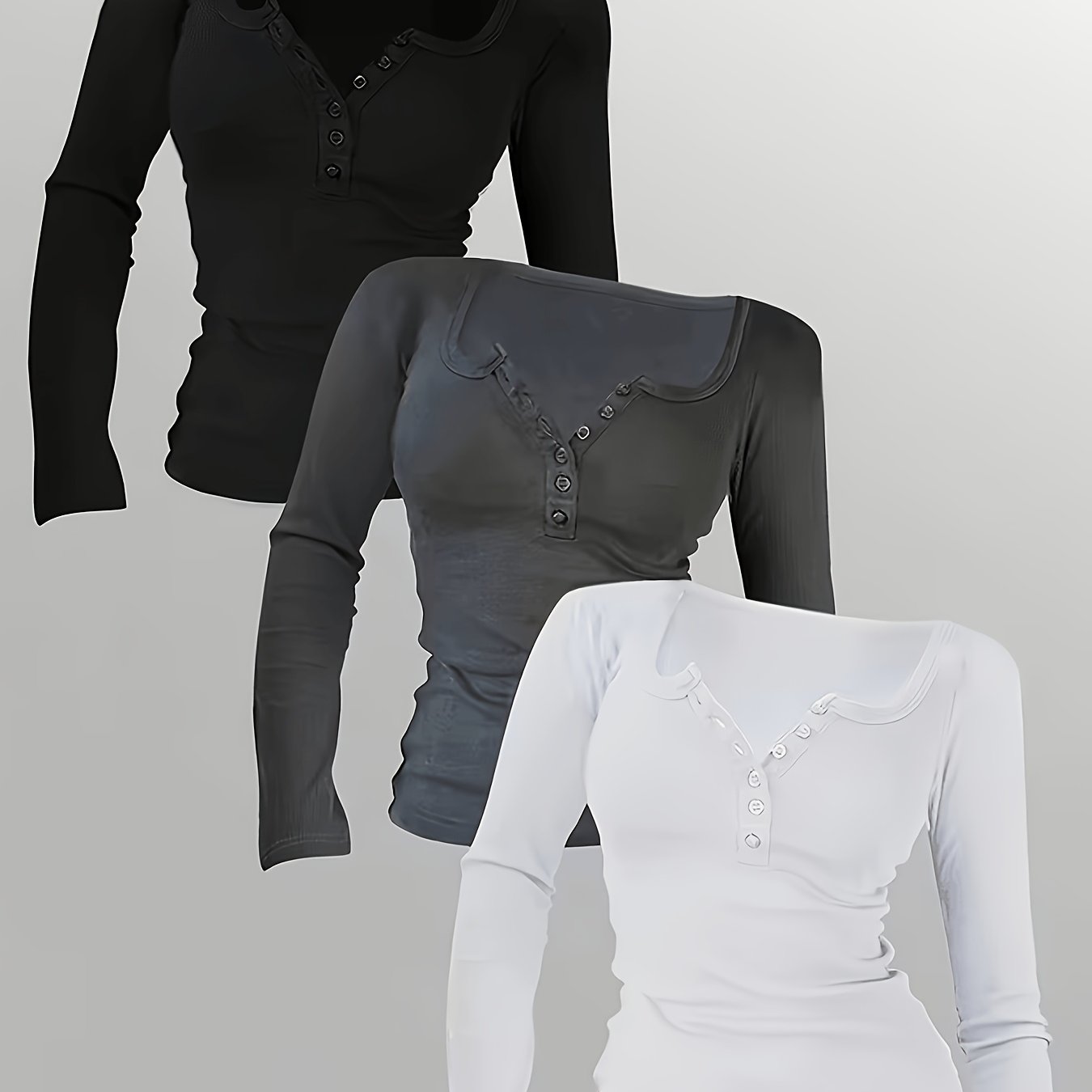 TEMU Plus Size, 3pcs Set Women's Plus Size Solid Color Button-up Half-opening Long Sleeve Casual T-shirt, Suitable For Layering, For Spring, Summer,
