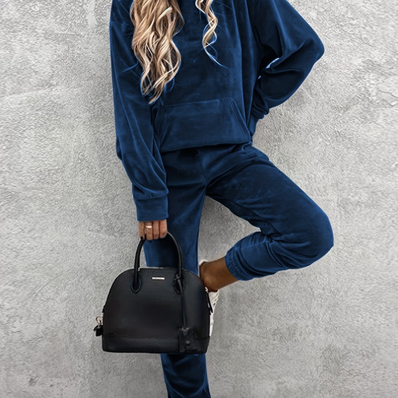 Image of Solid Color Casual 2 Piece Set, Kangaroo Pocket Hooded Sweatshirt & Fitted Bottom Pants Outfits, Women's Clothing