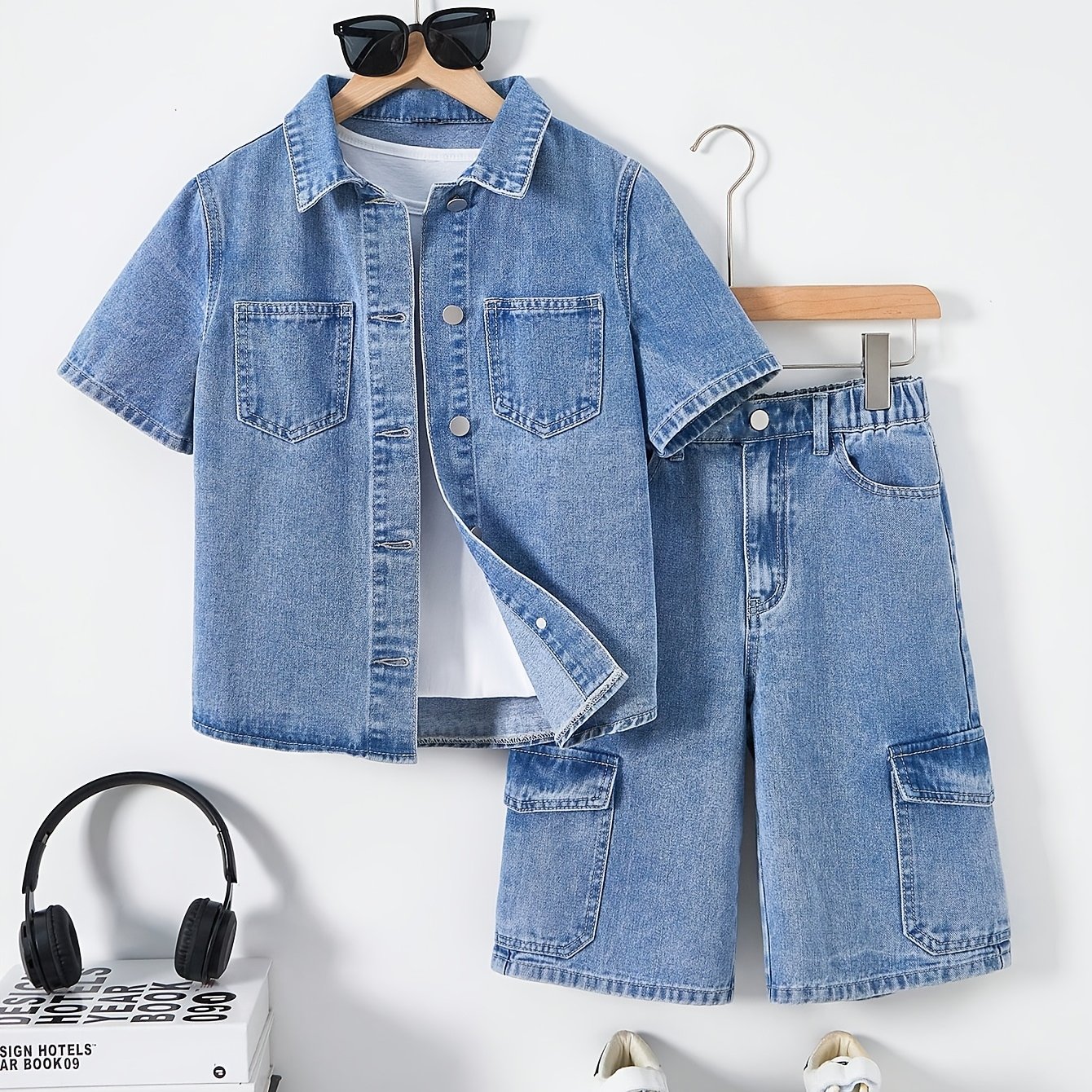 TEMU 2026 New Style Solid Color Denim Set, Blue Lightweight Breathable, Teenager Denim Shorts And Short Sleeve, Student Shorts Set, Boys And Girls Denim Outfit, For Outdoor