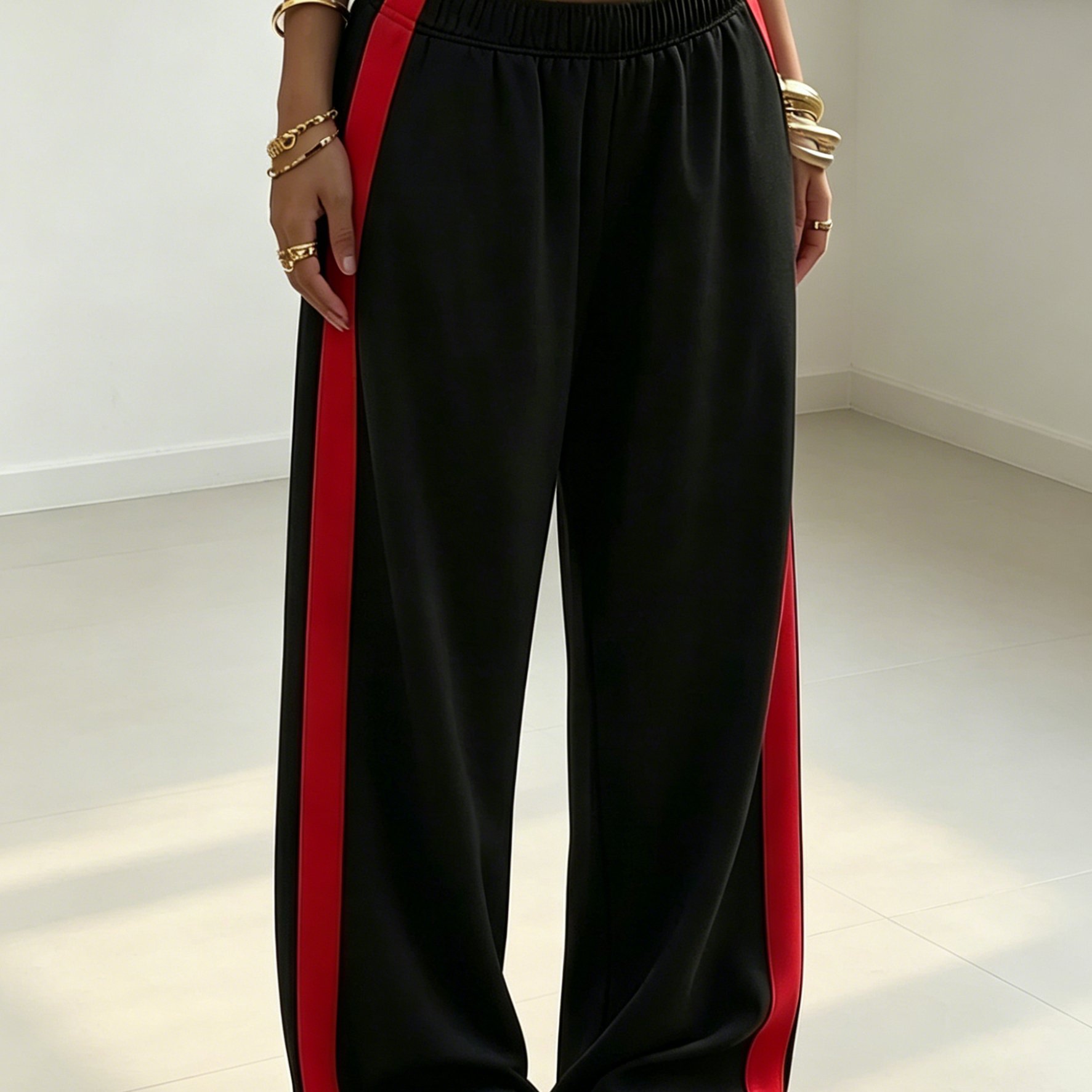 TEMU Plus Size Women's Summer Upgraded Fashion Wide Leg Pants, Side , Comfortable Fabric, Elastic Waist Style Trousers, Suitable For Occasions