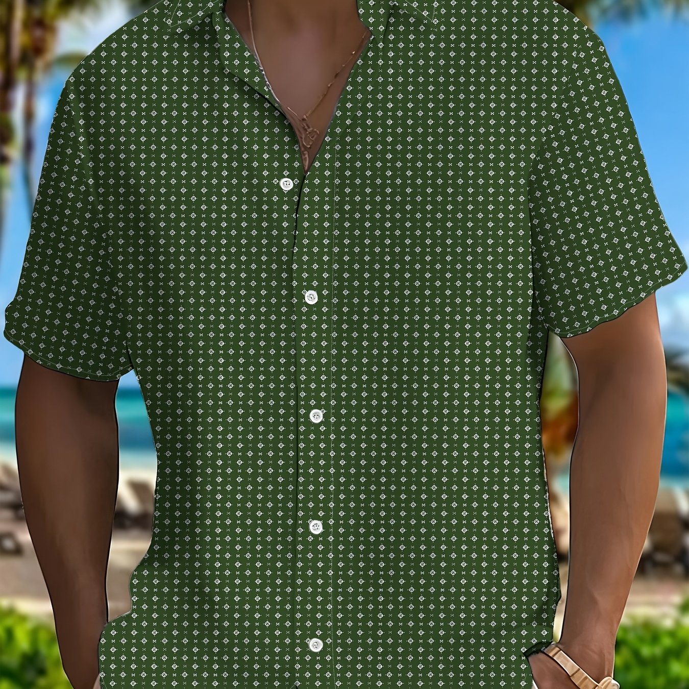 TEMU Men's Fashionable Short-sleeve Shirt, Men's Navy Blue Printed Short-sleeve Shirt, Trendy New Summer Wear, Casual Everyday Shirt, Vacation Beach