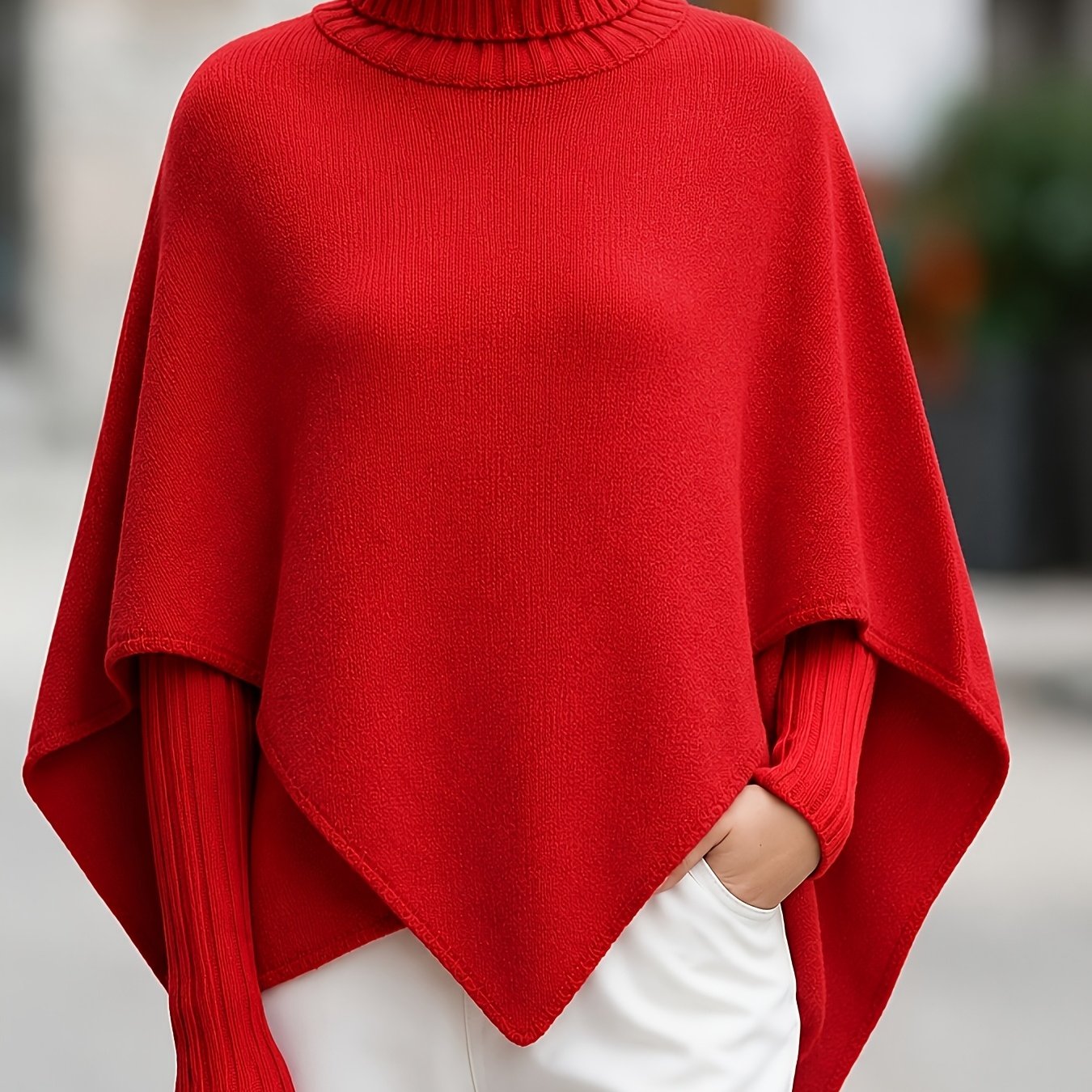 TEMU Pull Cape Noire Femme Automne Hiver Col Rouge, Design Châle Manches Chauve-Souris , Haut Chaud Couleur Unie, Pull Femme Élégant et Tendance,