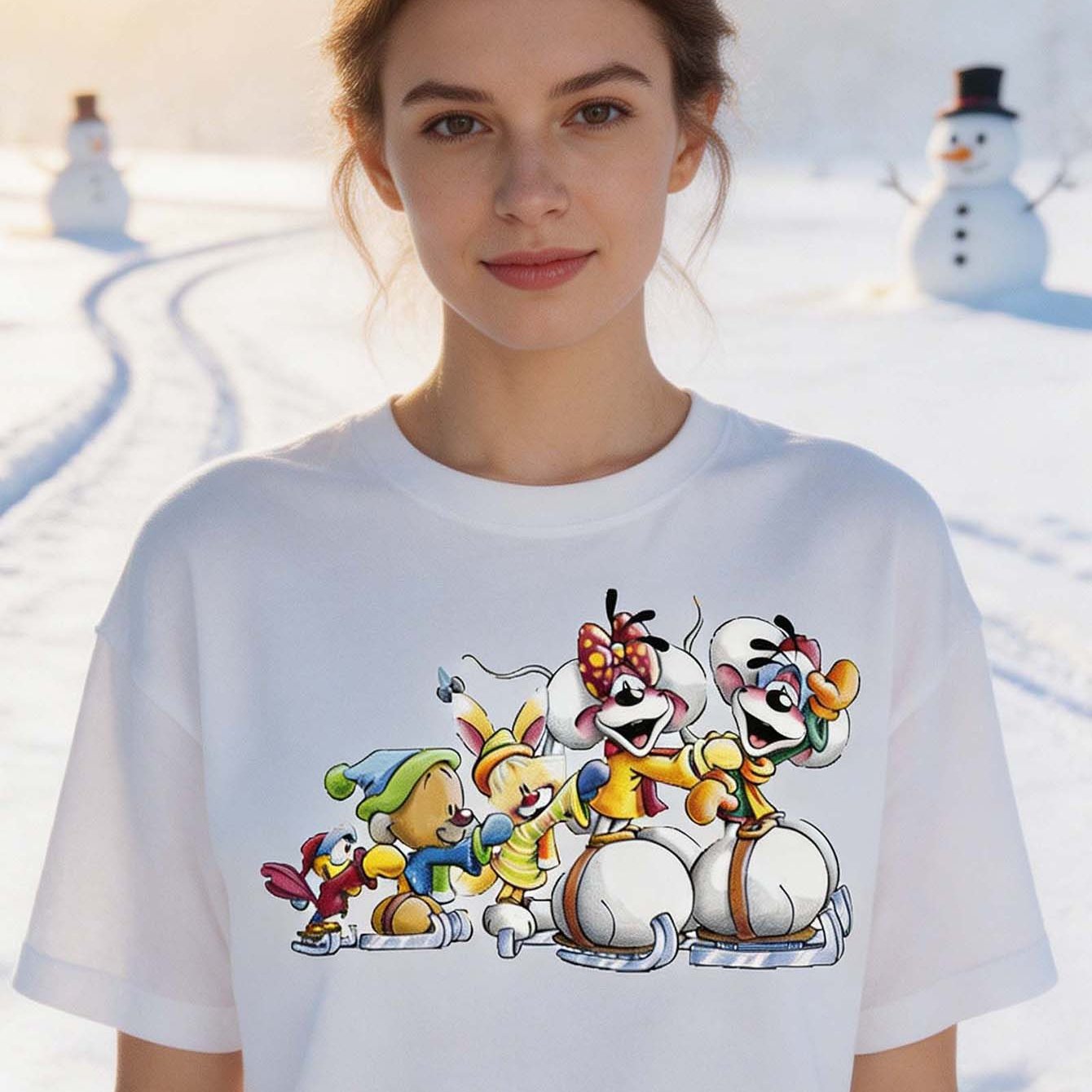 Cartoon Characters Winter Snow Scene Women Loose T-shirt Casual Short Sleeve White Round Neck Daily Wear Tee Holiday Gift