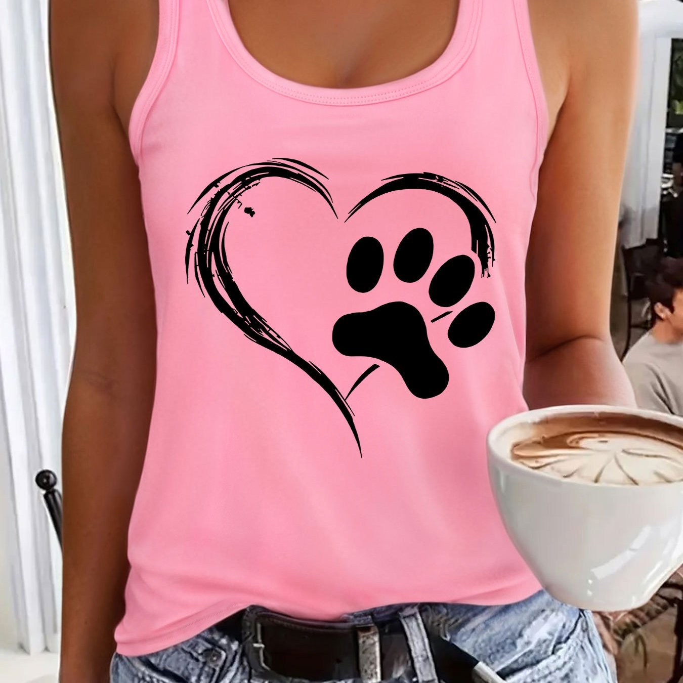 Valentine's Day & Love Paw Print Element Printed Tank Top, Sleeveless Casual Tops For Summer & Spring, Women's