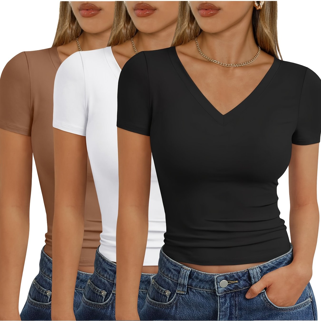 E-shop 3er-Set Damen Basic V-Ausschnitt Kurzarm T-Shirt Slim Fit Crop Top Y2K Top