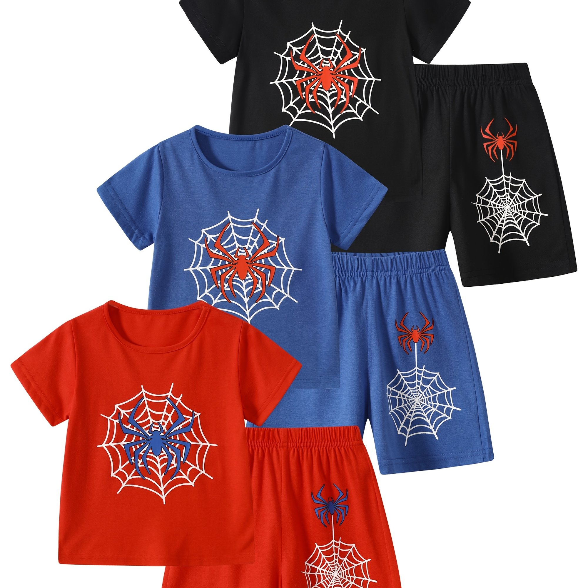 TEMU 6pcs Boys Summer Short Sleeve Suit Spider Pattern 8 Years Old Boys Round Neck Short Sleeve Shorts Children Fashion Outdoor Sports Quick Clothing, Perfect For Outdoor