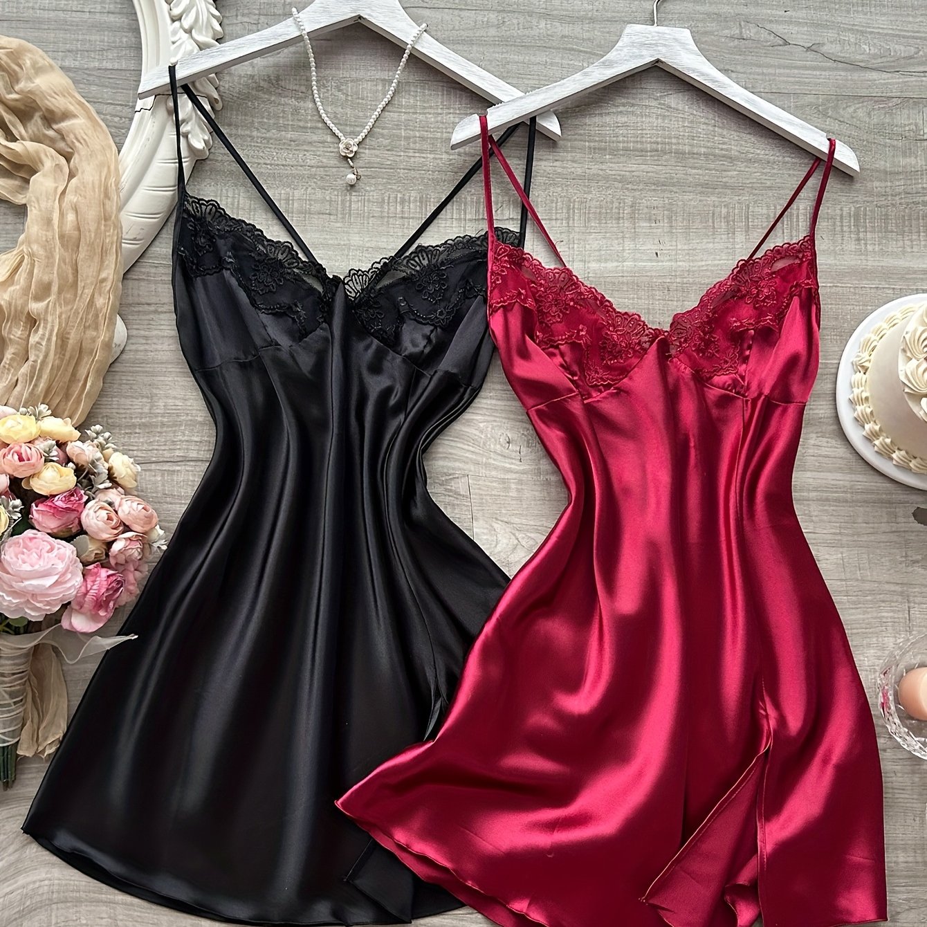 Fashion Lace Splicing Camisole Nightdress 2pcs Spring Summer Autumn Winter Youth, For Teenager, For Teenager