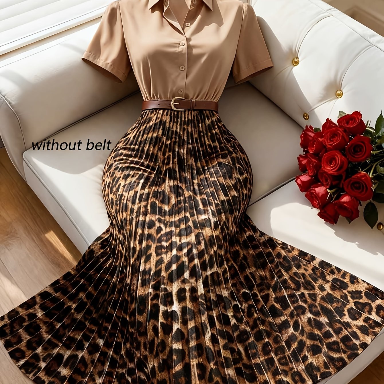 TEMU Outdoor Shirt Waist-cinching Leopard Print Dress, Waist-cinching Women's Mid-length Dress, Leopard Print Dress, Animal Print Dress, Pleated