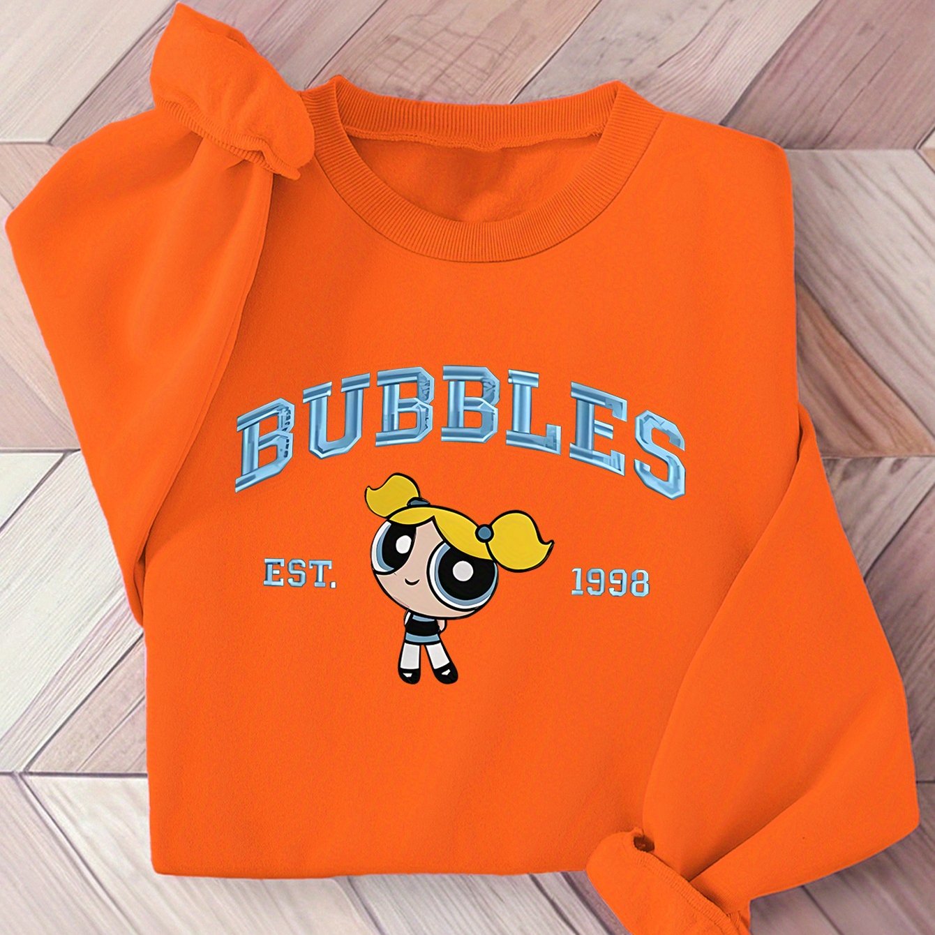 TEMU Women's Bubbles Graphic Sweatshirt - Cartoon Print With "est. 1998" & "bubbles" Design, Black Casual Crew Neck Pullover For Fall/winter, Casual