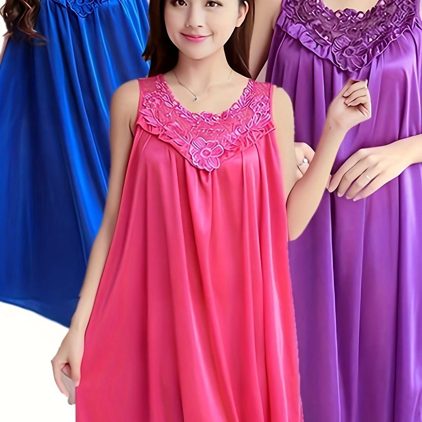 Image of 3pcs/set Summer Women's Large Size Comfortable Loose Nightgown, Elegant Adult Sexy Solid Color Sleeveless Pajamas