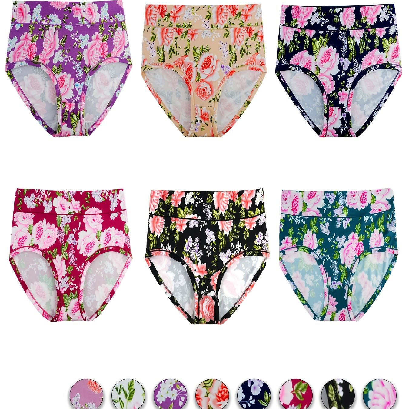 Image of Random 6pcs Plus Size Printed Women' Panties, Large Floral Underwear, Elegant, Sexy, Comfortable, Soft, Mommy Pants, Girlfriend Gift, Mom Gift, Daughter Gift, Wife Gift
