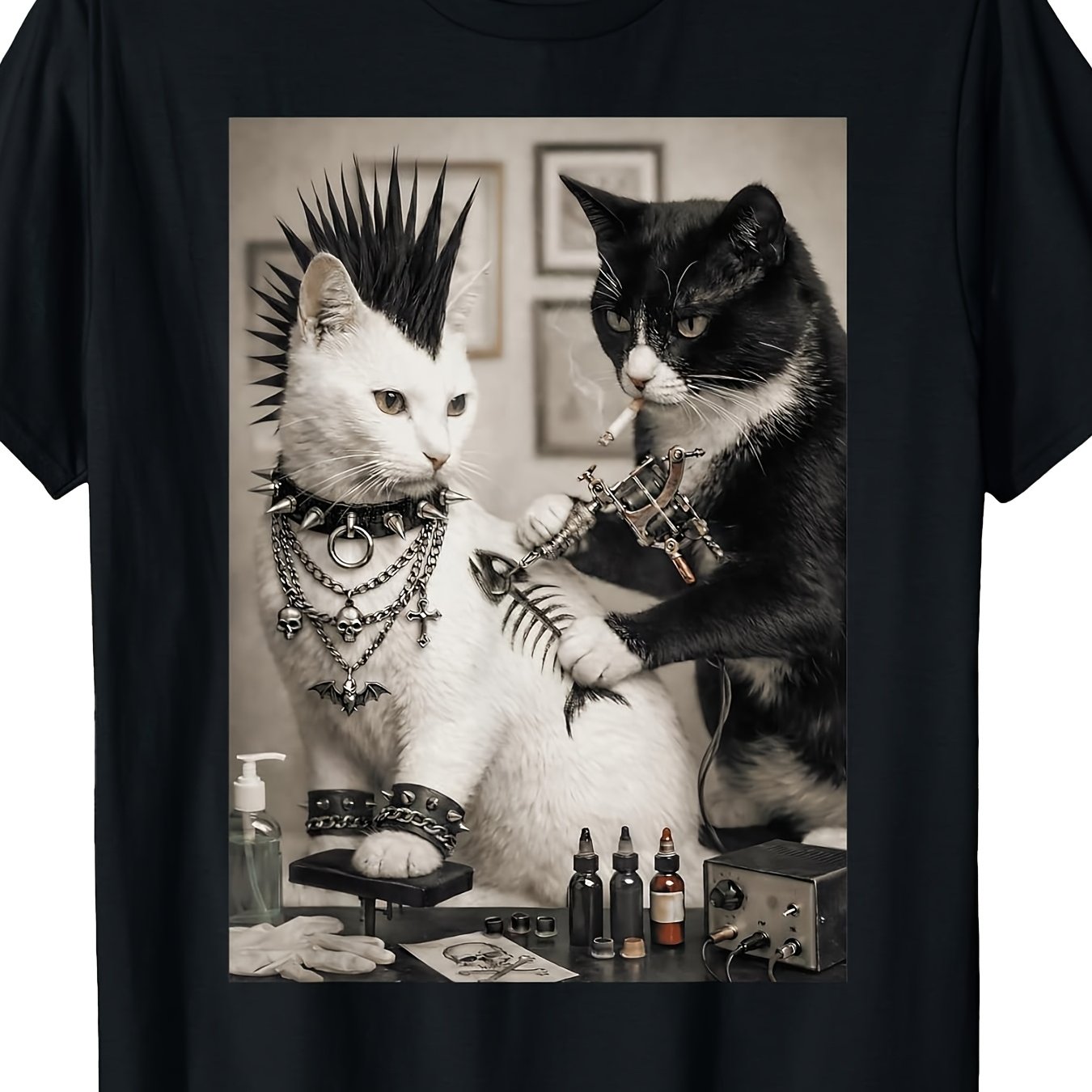 Humorous T-shirt Featuring A Punk Cat Tattoo Artist From The Goth