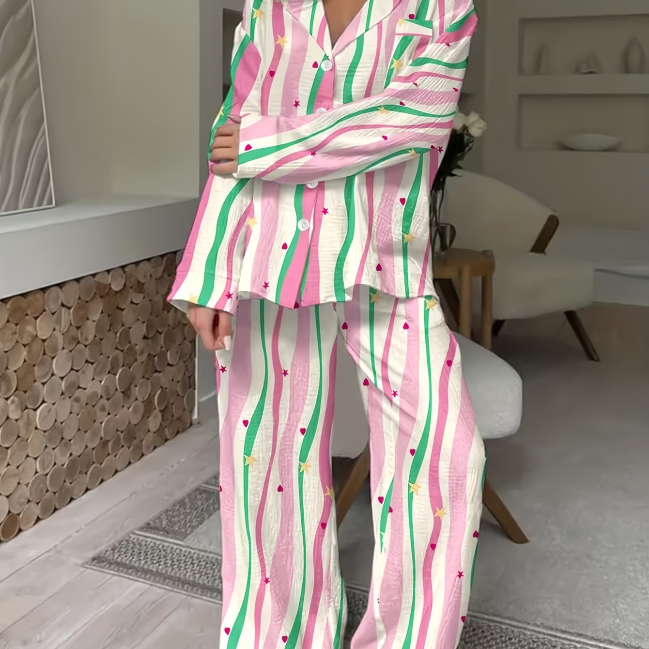TEMU 25qh Women's Pajama Set, Striped Print Long Sleeve Button-up Shirt And Long Pants, Loose Fit (tummy Control) For Casual Wear