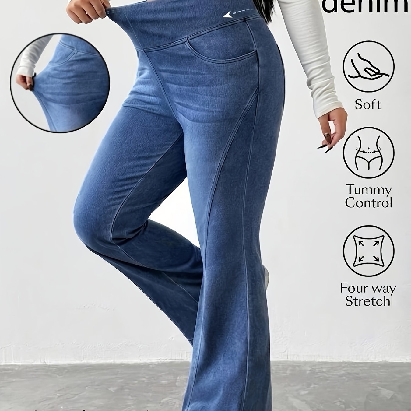 TEMU Plus Size Women's Printed Leggings - Not Denim Fabric 2026 New Women's Base Layer Pants Blue Stretch Printed Flare Trousers, Printed Elastic
