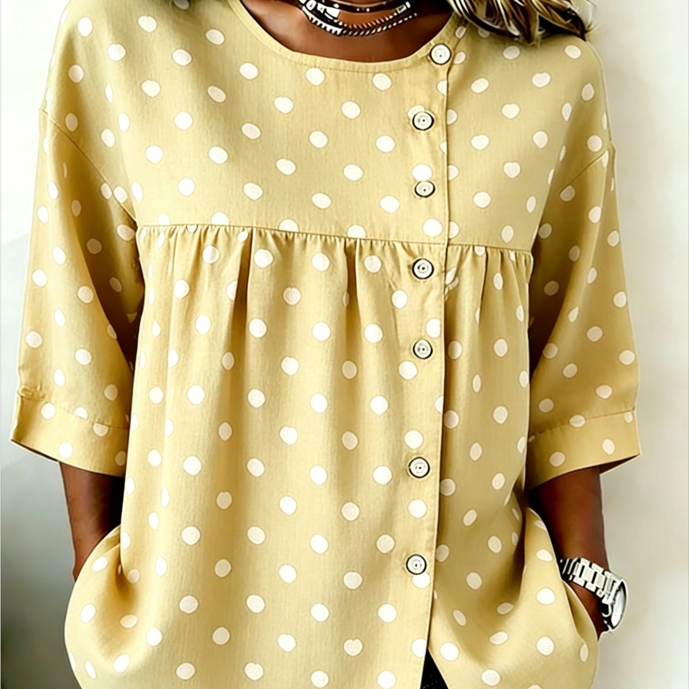 Plus Size - Plus Size Women's Crew Neck Top, Fall Green Polka Dot Loose Shirt, Wear And Office Use, From Casual To Semi-formal Settings, Perfect Gift For Mom, Sister Or Friend