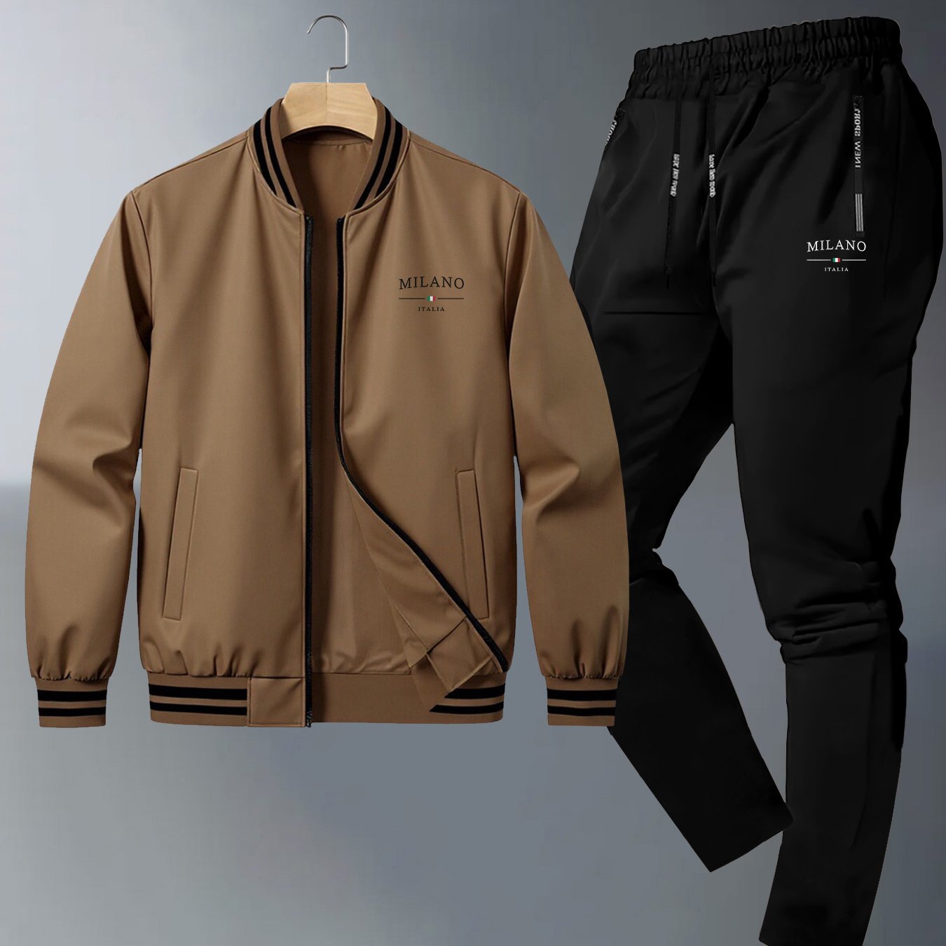 TEMU Men's Stylish Jacket Set Featuring -inspired Prints, Casual Youth Sportswear With Zipper And Ribbed Details, Perfect For Autumn And Winter