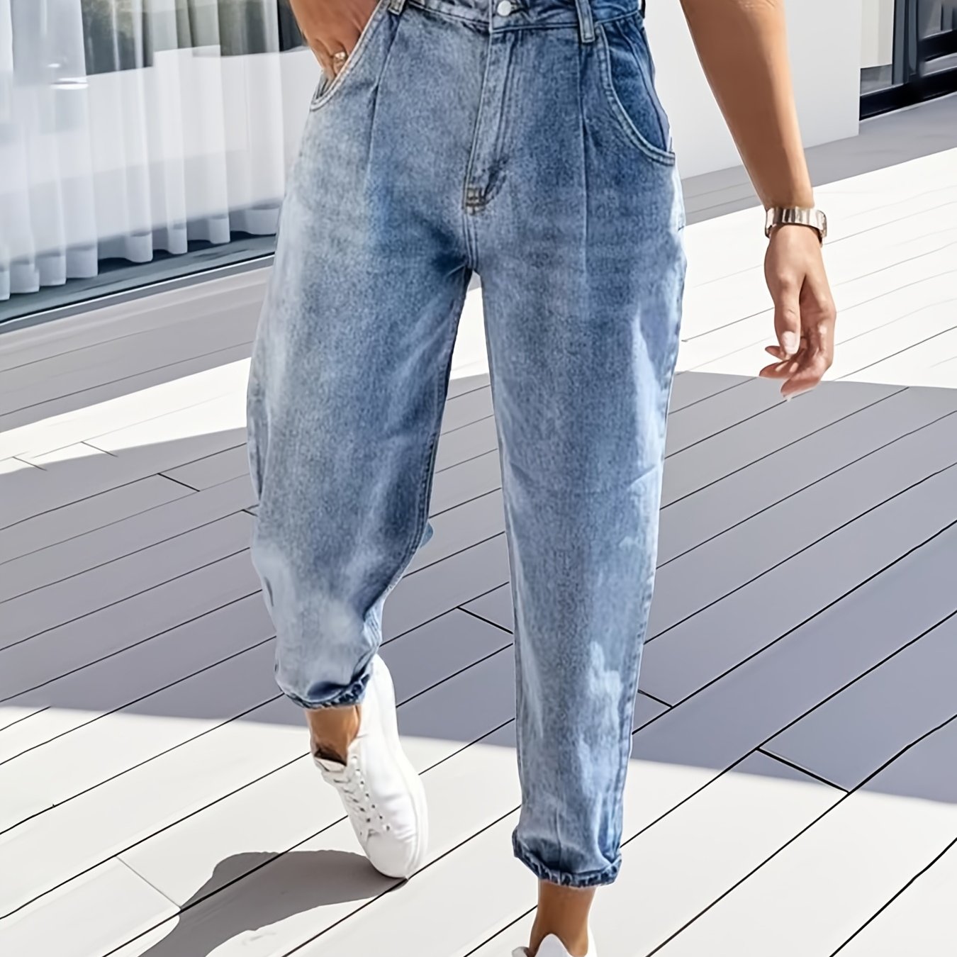 Image of Women's Fashion Tapered Pants, Light Blue Comfortable Slacks, Suitable For Travel, Daily Shopping, Worn At Home, Denim Pants That Worn In