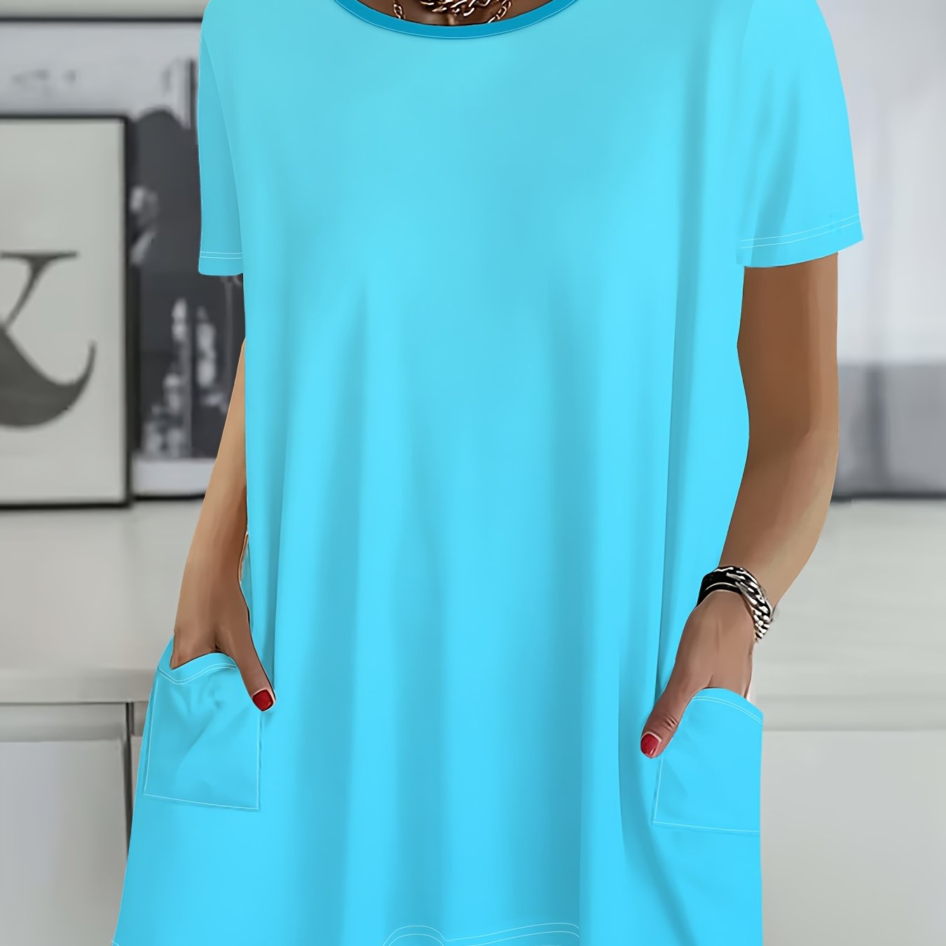 TEMU Loose Short Sleeve Women's Spring Summer Casual Plus Size Top, Blue Solid Color Versatile Style With , Easy Comfortable Plus Size T-shirt, Loose