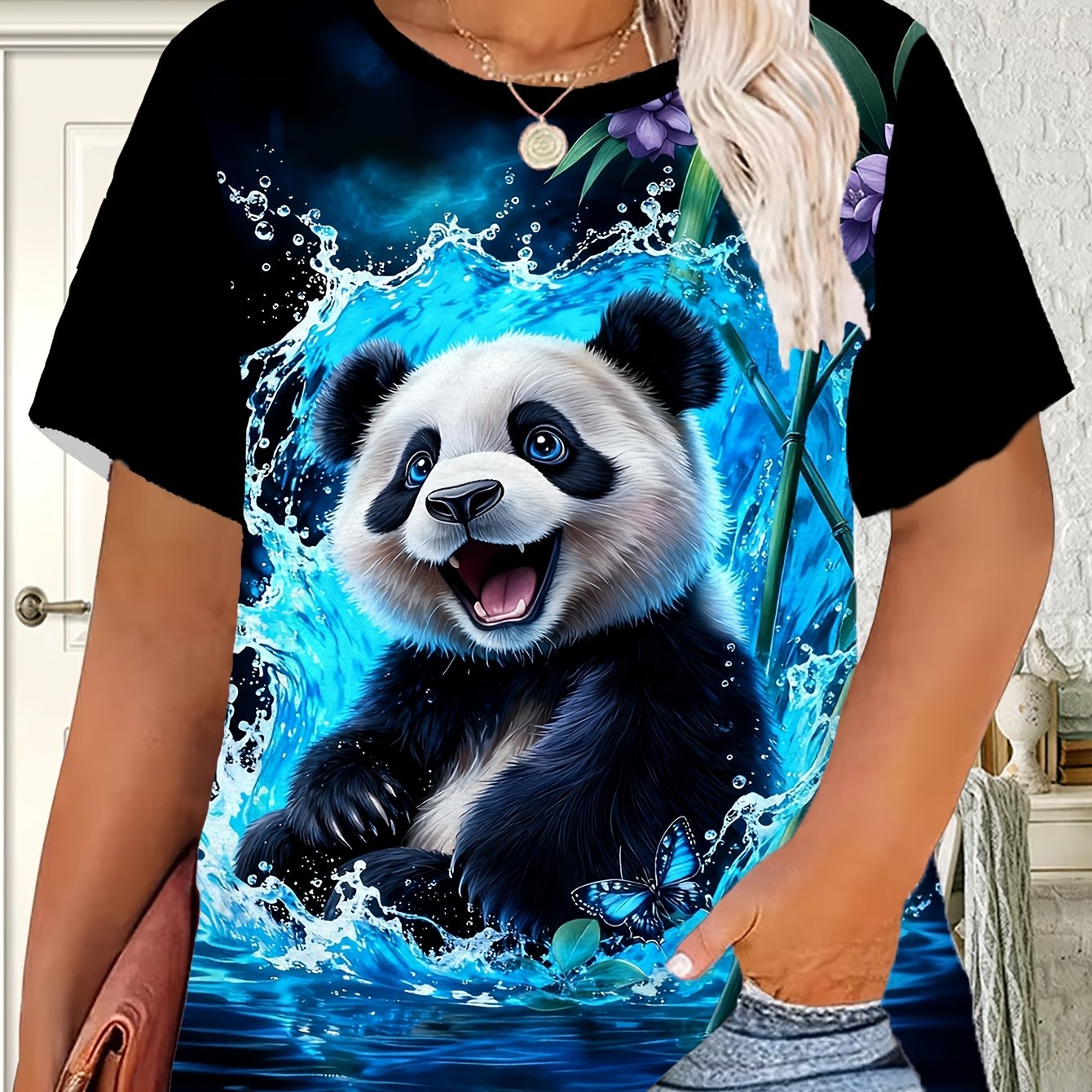 TEMU Women's Panda Print T-shirt - Soft Breathable Quick-dry Short Sleeve Round Neck Top With Panda Themed, Lightweight Suitable For Spring Summer