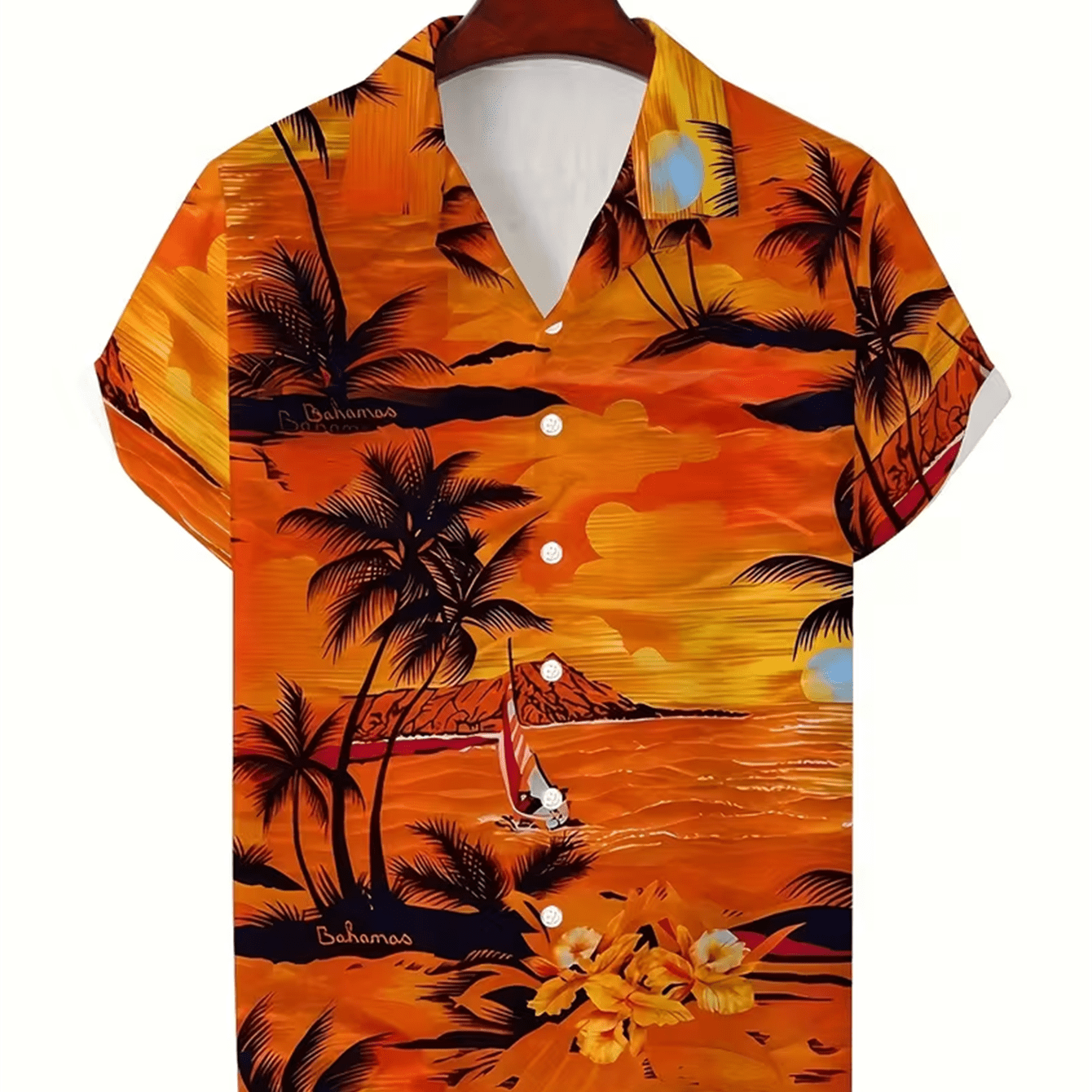 TEMU Men's Bahamas Sunset Short Sleeve Shirt, Hawaiian Style Blouse, Tree And Beach Scenery Print Loose Top, Suitable For Beach Vacation And Daily