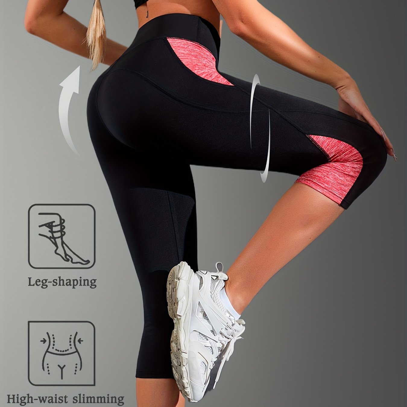 Image of Outdoor Stylish Women'-quarter Pants With Color Block Stitching, Contrasting Colors, Suitable For Sports And Fitness, High-waisted, Tummy Control, And -lifting Tight-fitting Capris