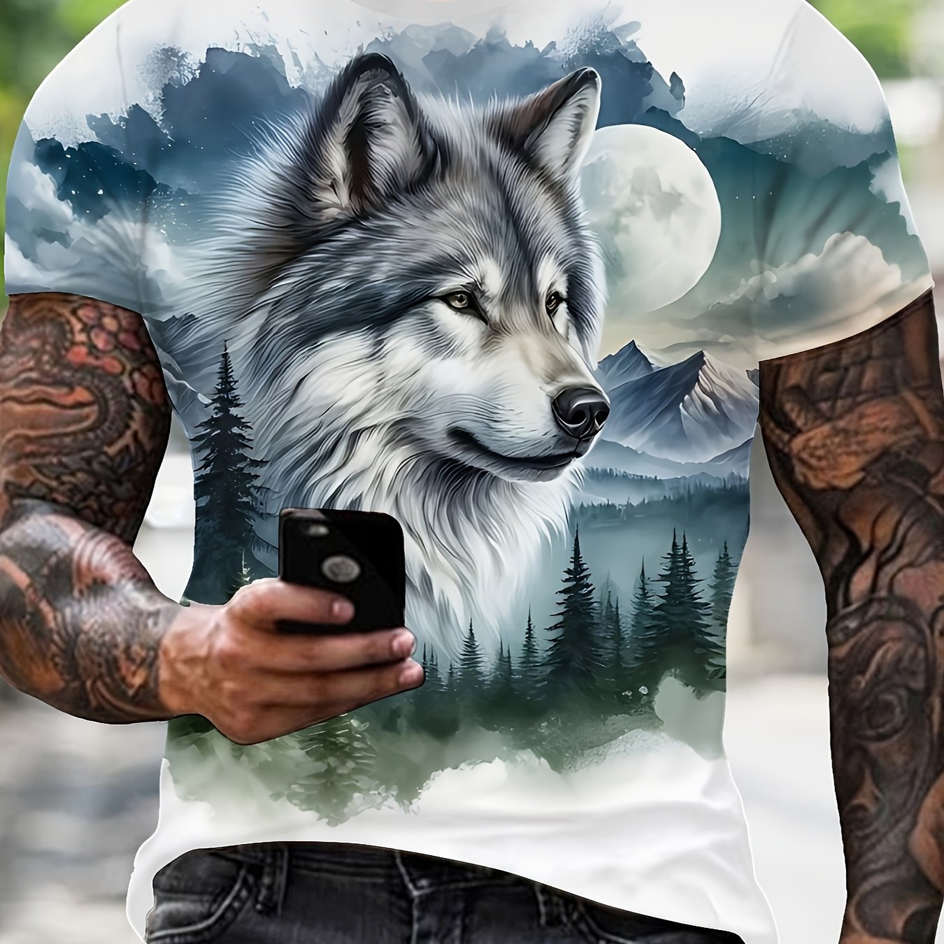 TEMU Men's Casual Crew Neck Short Sleeve T-shirt With Digital Wolf And Mountain Illustration Print, Comfortable Fabric, Suitable For Street Casual