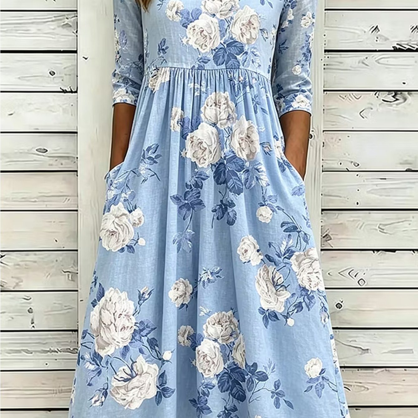 Image of Plus Size - Print Dress For Women, Round Neck 3/4 Sleeve Casual Maxi Dress, Loose Pleated Waist Swing Dress, Blue Floral A-line Midi Dress With Pockets For Casual Days