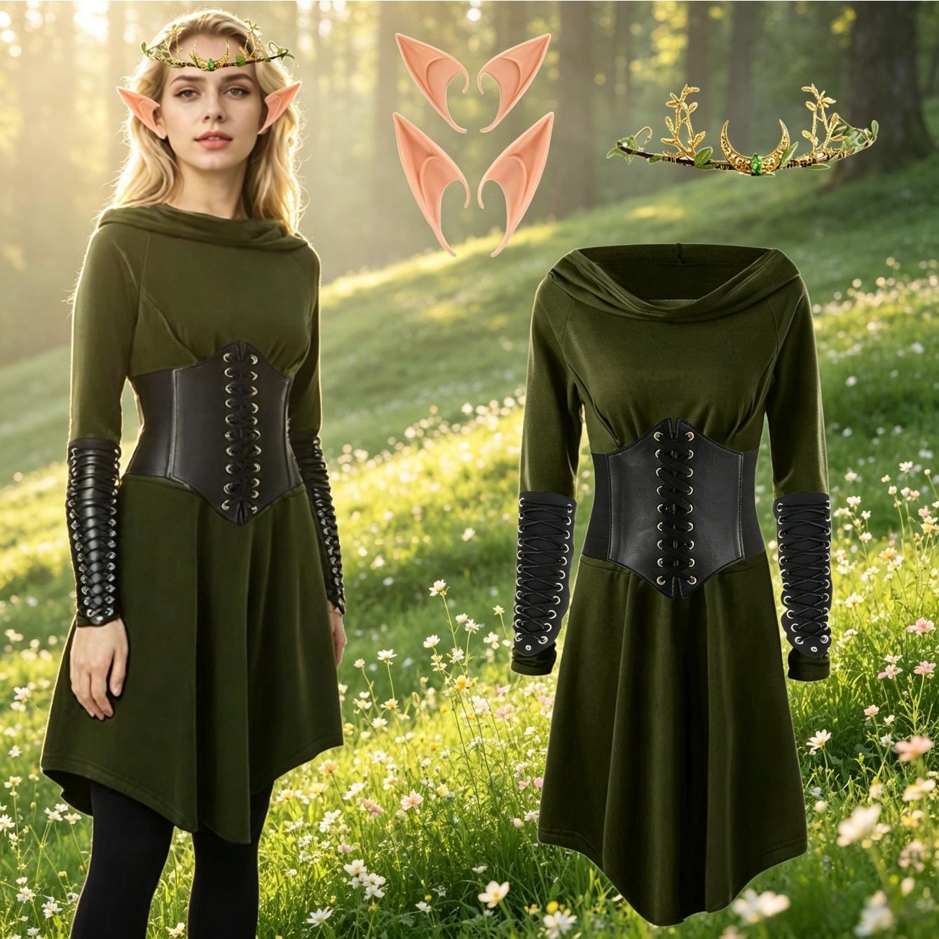 Image of Gothic Costume Set, Medieval Renaissance Dress With Hood And Arm Protection, Waist Belt, Waist Bag And Stockings, Halloween Costume, Creative Costume, Role-playing Costume