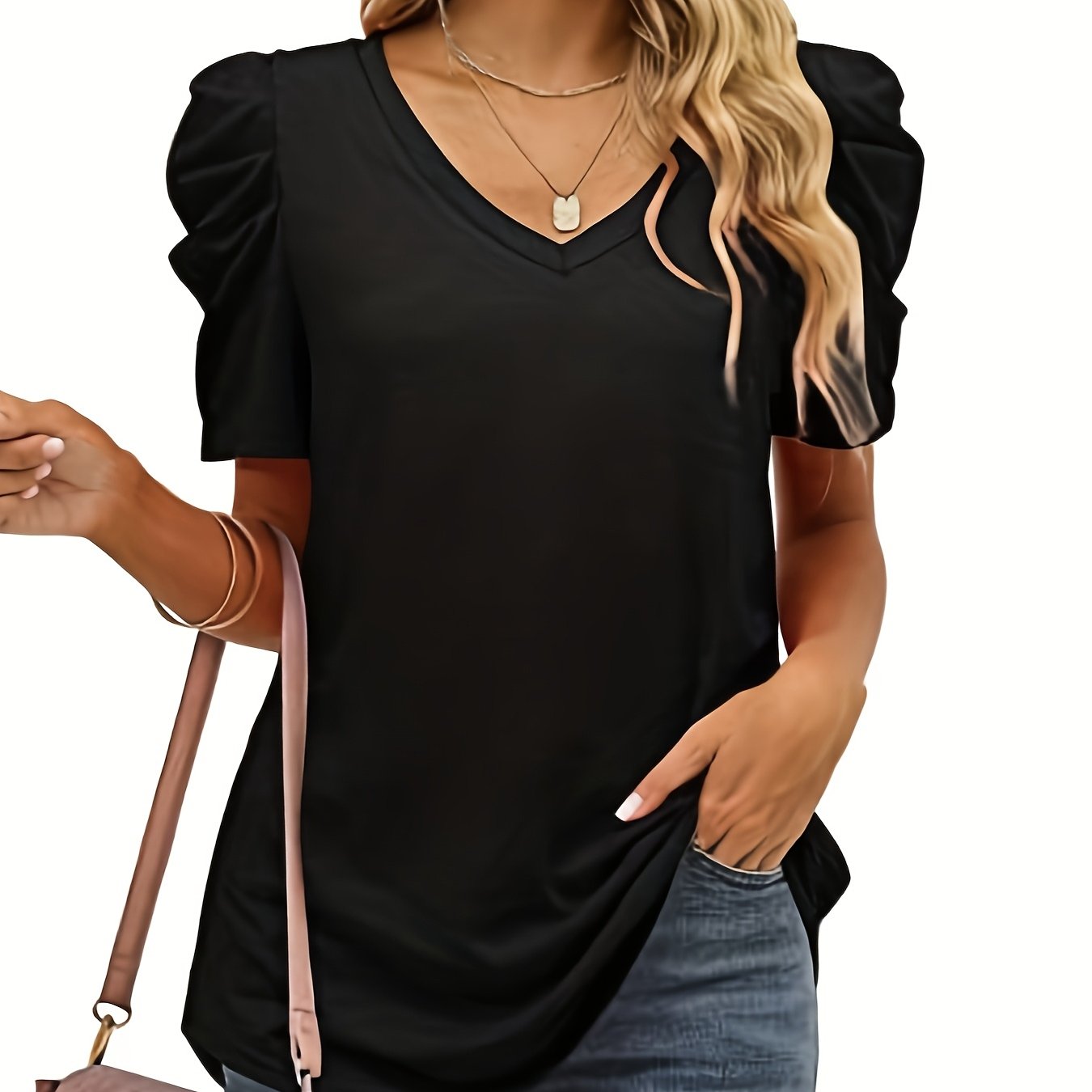 E-shop Damenmode Locker, Rüschärmel, Puffärmel, V-Ausschnitt T-Shirt, Kurzarm Frühling Sommer Herbst Freizeit T-Shirt mit gebogenem Saum