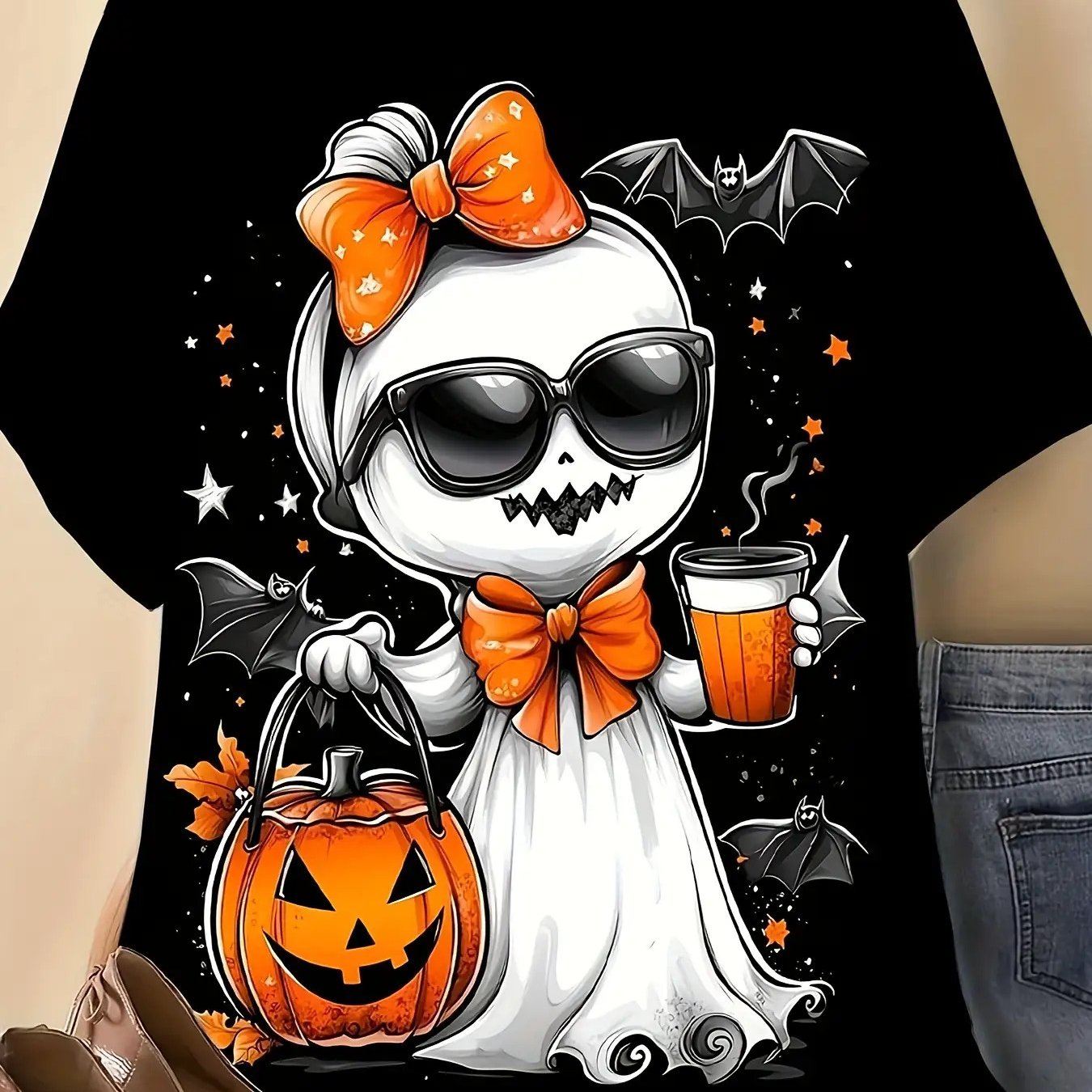 TEMU Men's Loose-fitting Halloween T-shirt Featuring A Gothic And In Black And Orange. This Short-sleeve Crew Neck Top Showcases A Full, Bats,