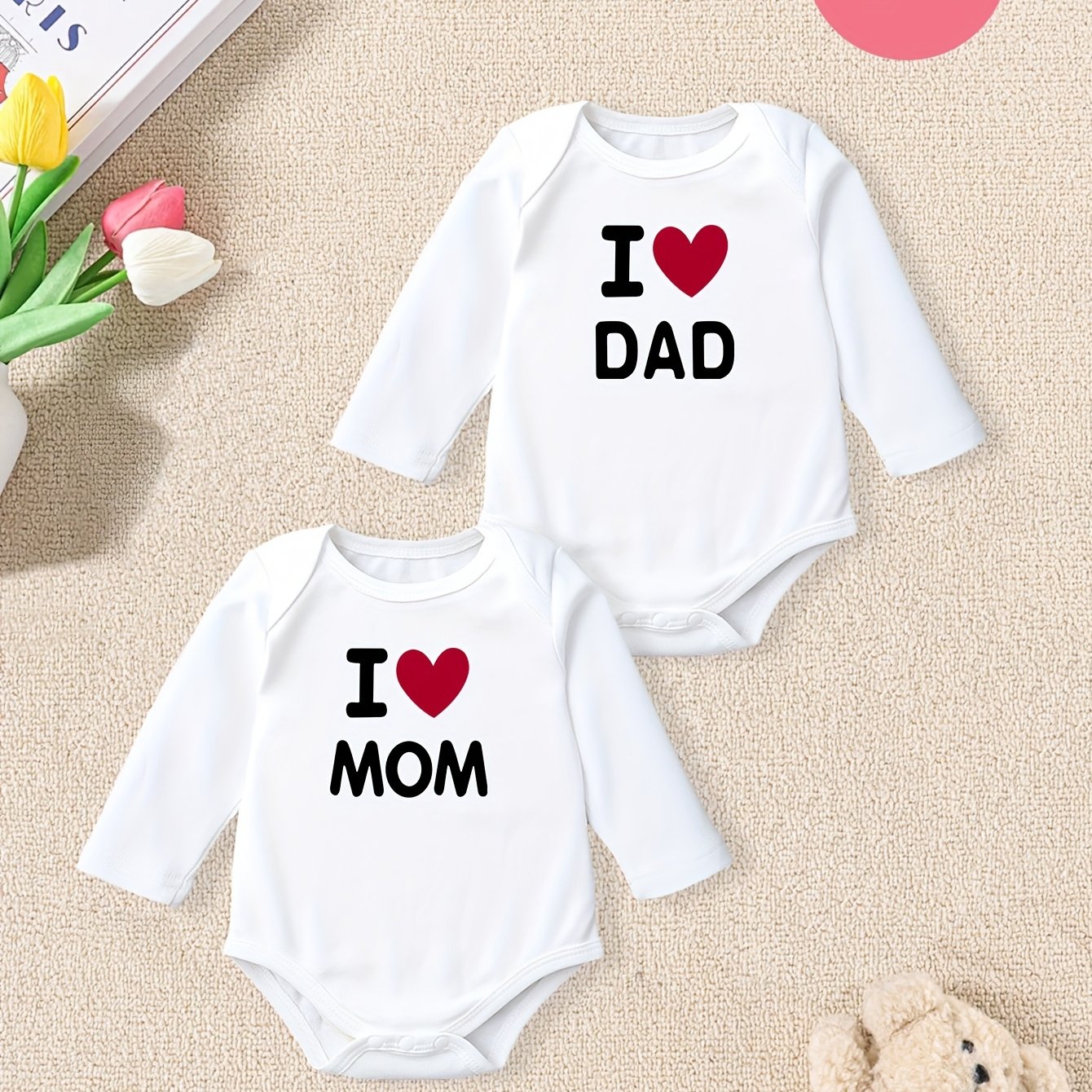 Image of 2pcs Fall Winter Boys' Long Sleeve Triangle Bodysuit I Love Daddy Cartoon Print White Baby Triangle Onesie Perfect Gift For Baby Boy, For Outdoor
