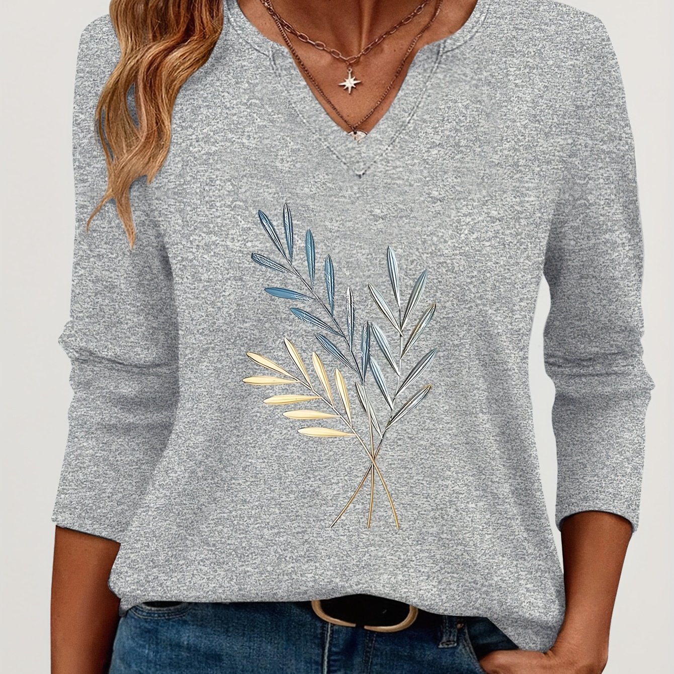TEMU Simple Branch And Leaf Pattern Print V-neck Three-quarter Sleeve T-shirt, Simple And Fresh With Style, Suitable For Daily Casual Wear,
