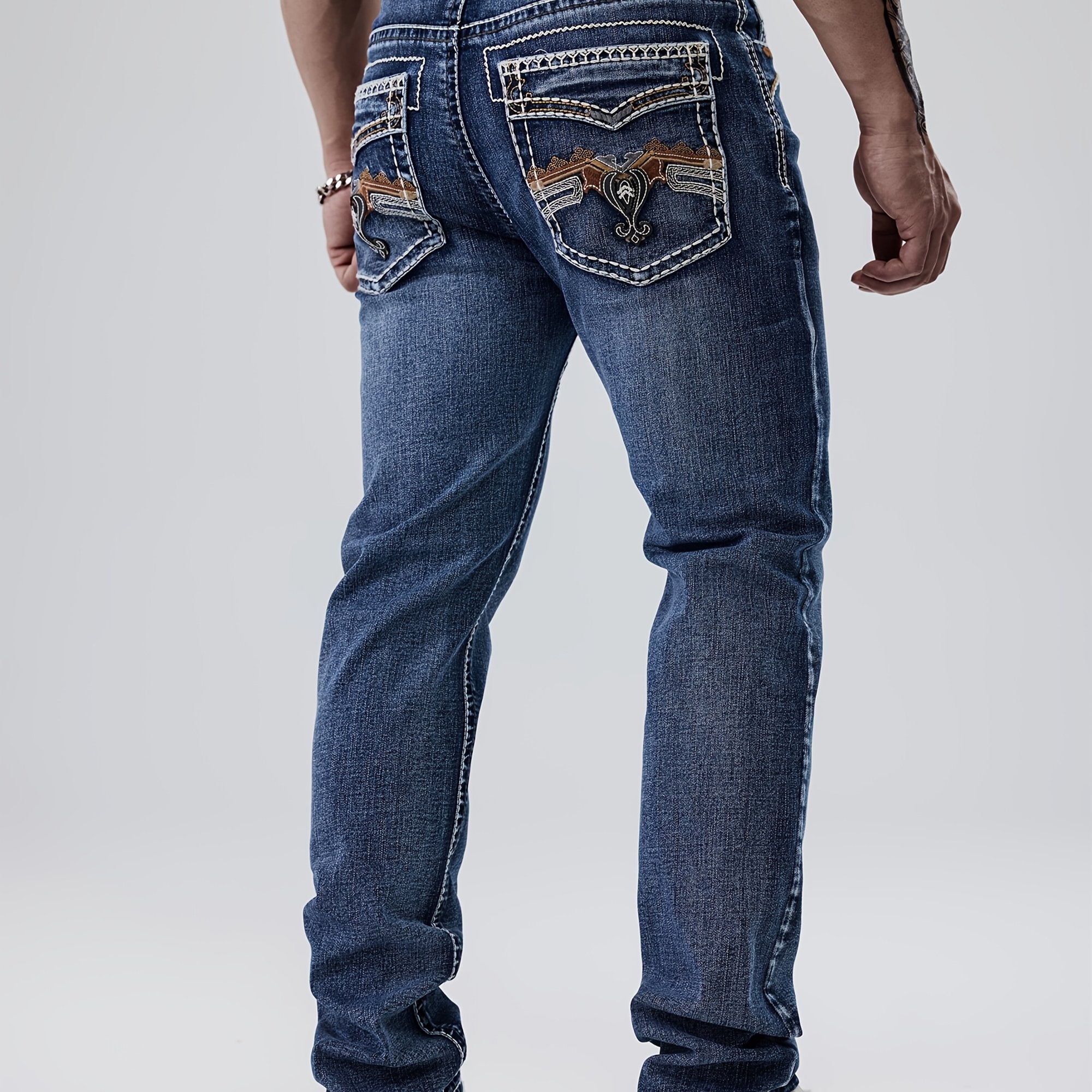 Image of Men's Stretchy Embroidered Slim-fit Jeans Suitable For With Thick Threads