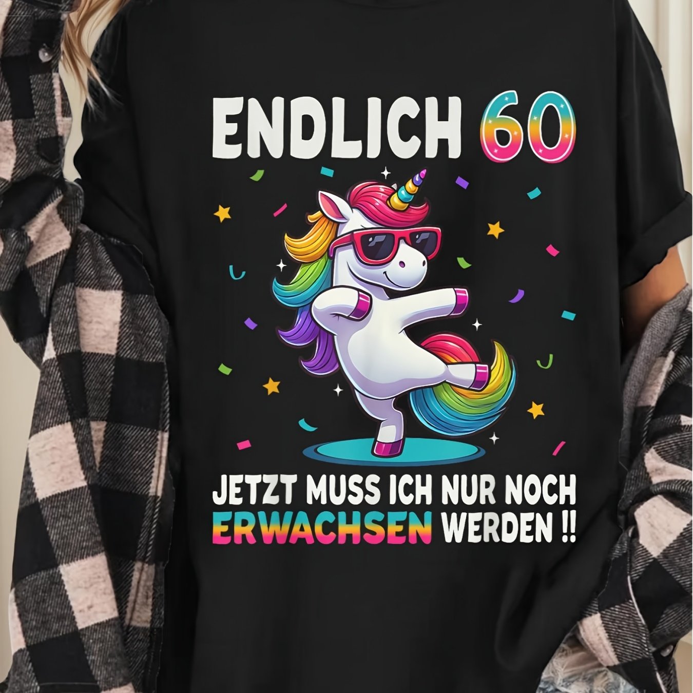 Image of 60th Birthday Party Outfit T-shirt - Funny German Message Unicorn Birthday Shirt For - Heavyweight 180gsm Black Tee - 60 Text - Birthday Gift Ideas For - Casua