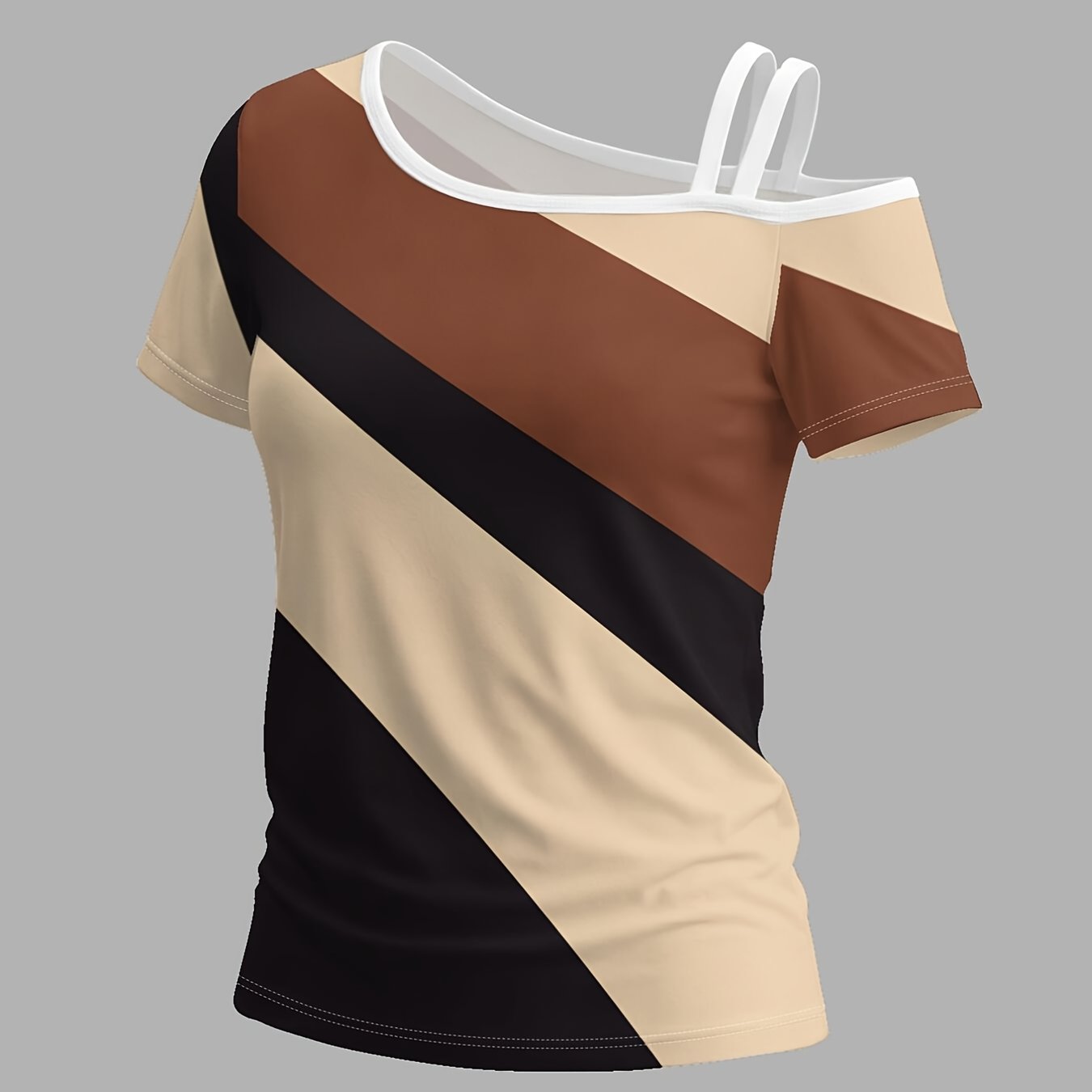 TEMU Warm Curved Stripes -shoulder Short-sleeve T-shirt With Unique Asymmetrical Design And Trendy Prints, Effortlessly In Casual Spring And Summer