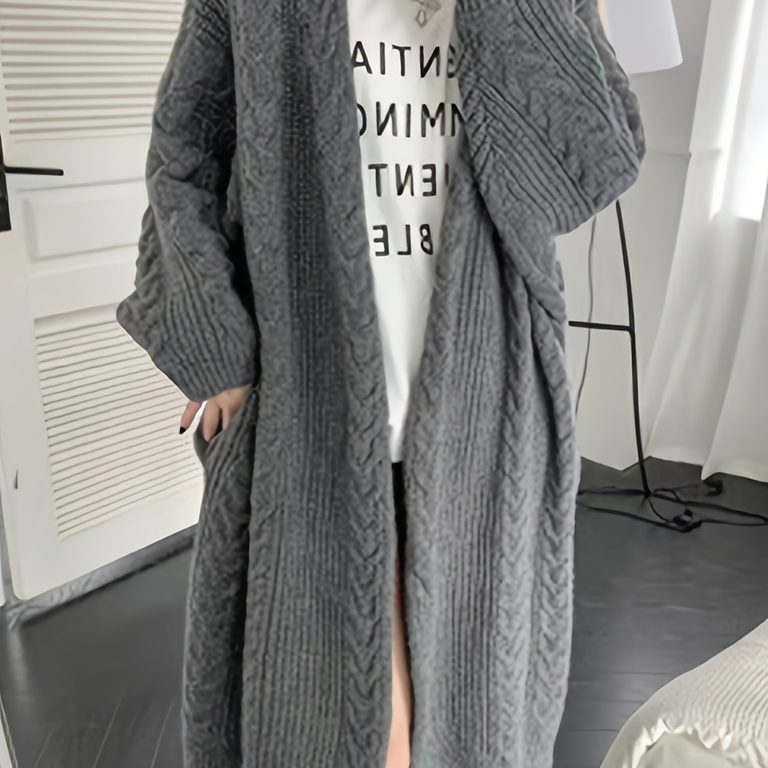 TEMU Knitted Fried Dough Twists Pattern Thick Long Cardigan Sweater Coat Women's