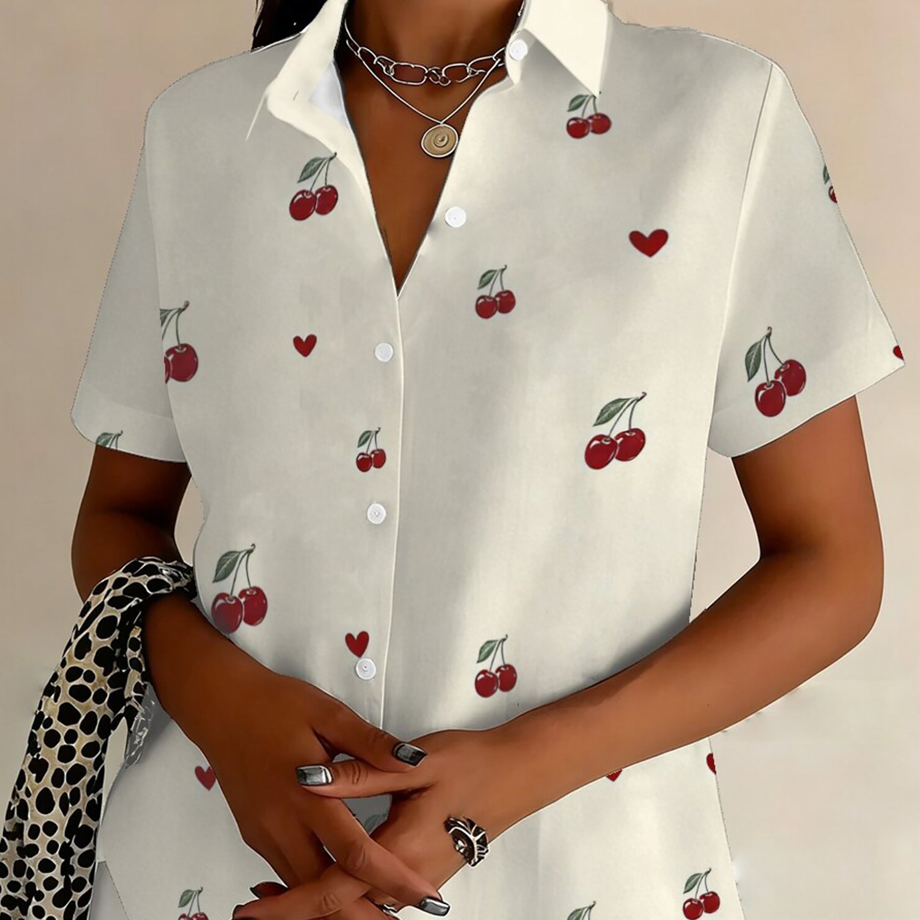 TEMU Plus Size - Plus Size - Women's Casual Cherry Print Oversized Button- Shirt | Fashionable Lapel Collar, Short Sleeve, Wear