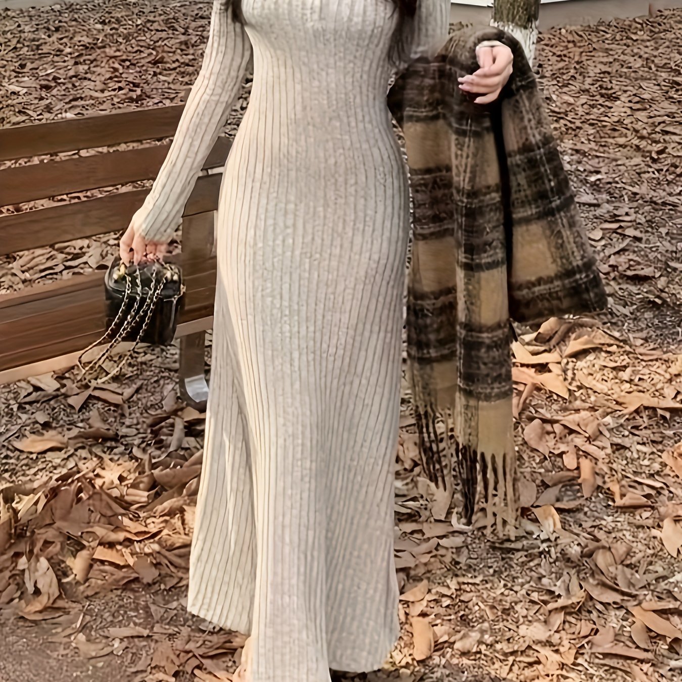 TEMU Plain Color V-neck Knitted Dress, Elegant Long Sleeve Slim Maxi Dress For Fall & Winter, Women's Clothing